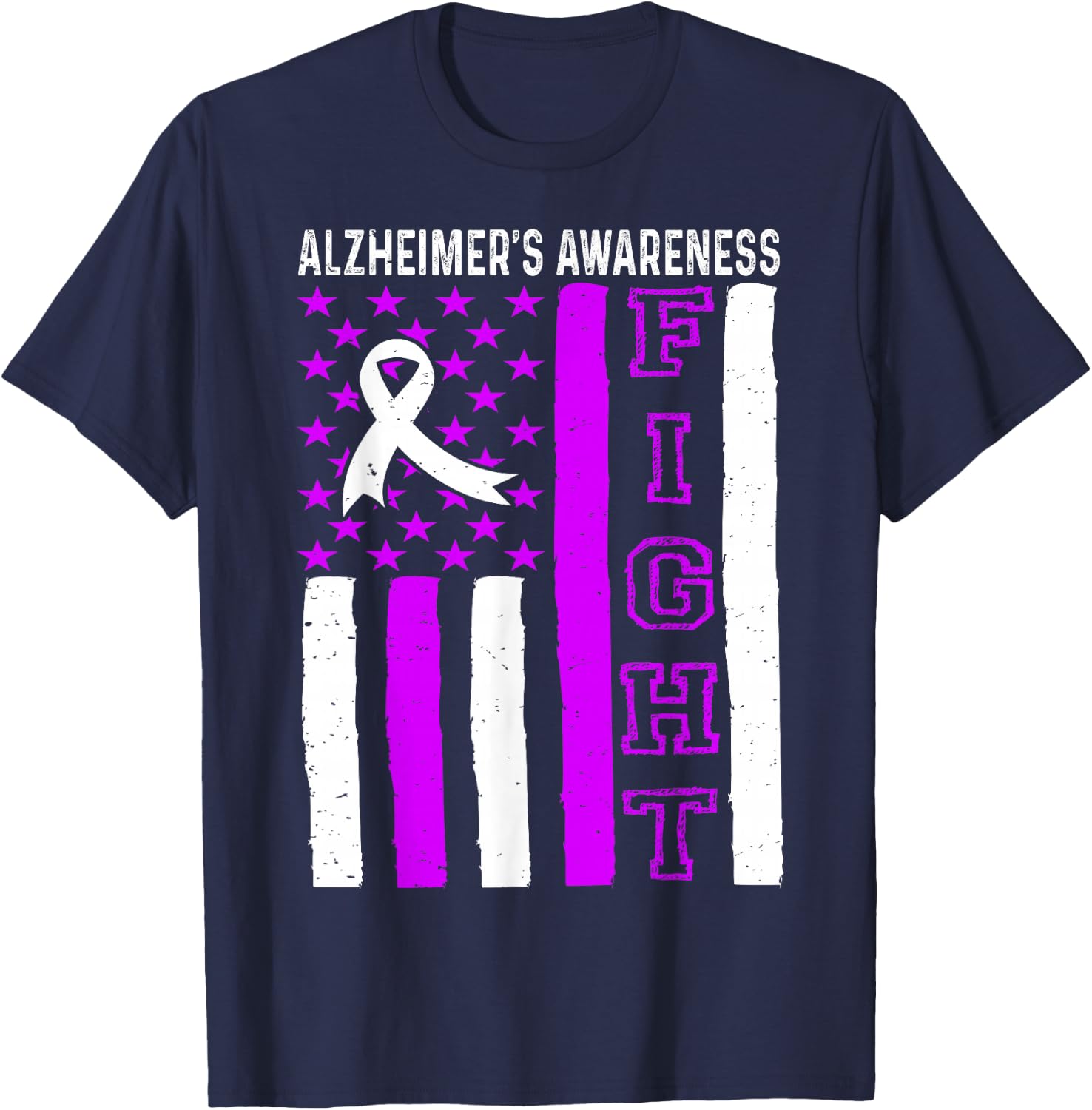 Alzheimer's Awareness Month USA Flag Purple Ribbon T-Shirt - T-Shirt | Navy