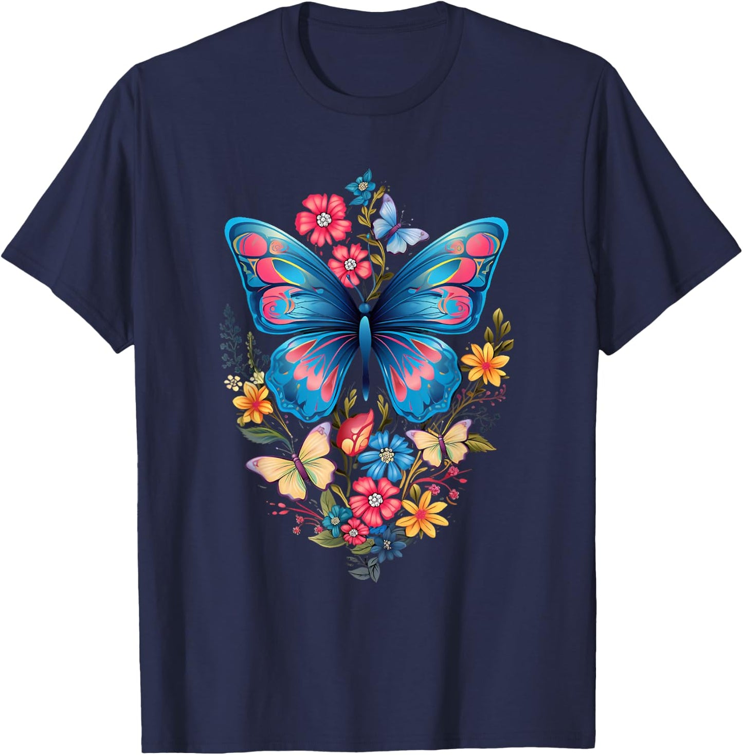 Butterfly with Flowers I Aesthetic Butterfly T-Shirt - T-Shirt | Navy