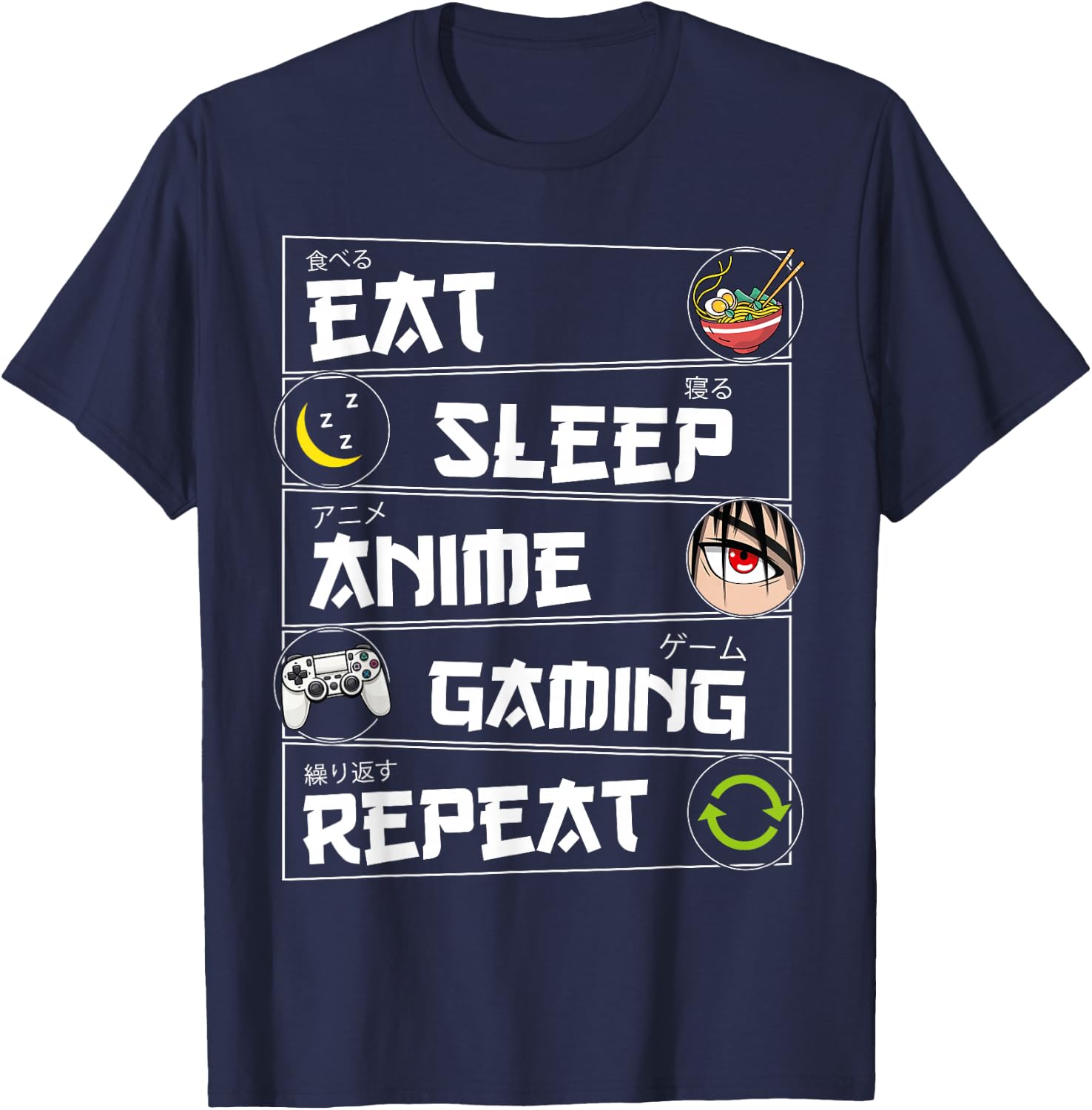 Eat Sleep Anime Gaming Repeat Kawaii Otaku Gamer Anime Manga T-Shirt - T-Shirt | Navy