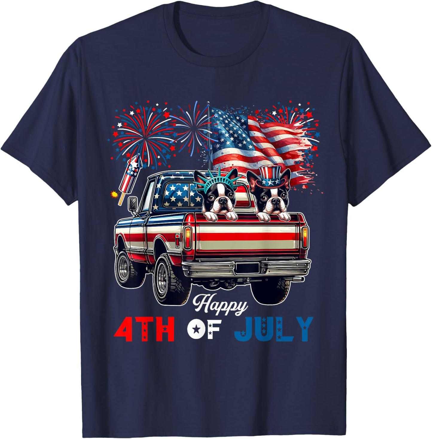4th Of July Two Cute Boston Terriers On Pickup Truck Flag T-Shirt - T-Shirt | Navy
