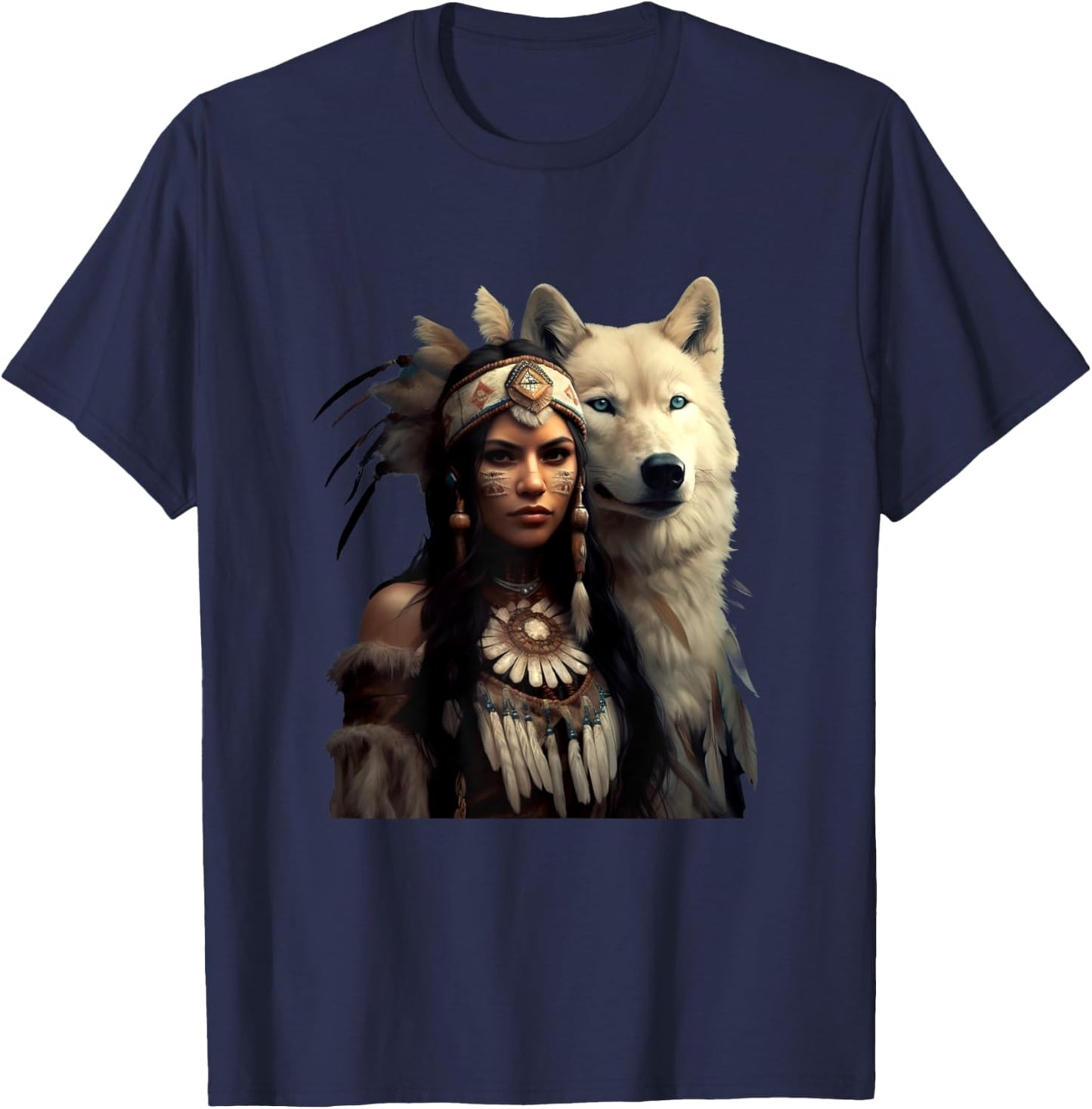 Indian Native American Woman With White Wolf Vintage Gifts T-Shirt - T-Shirt | Navy