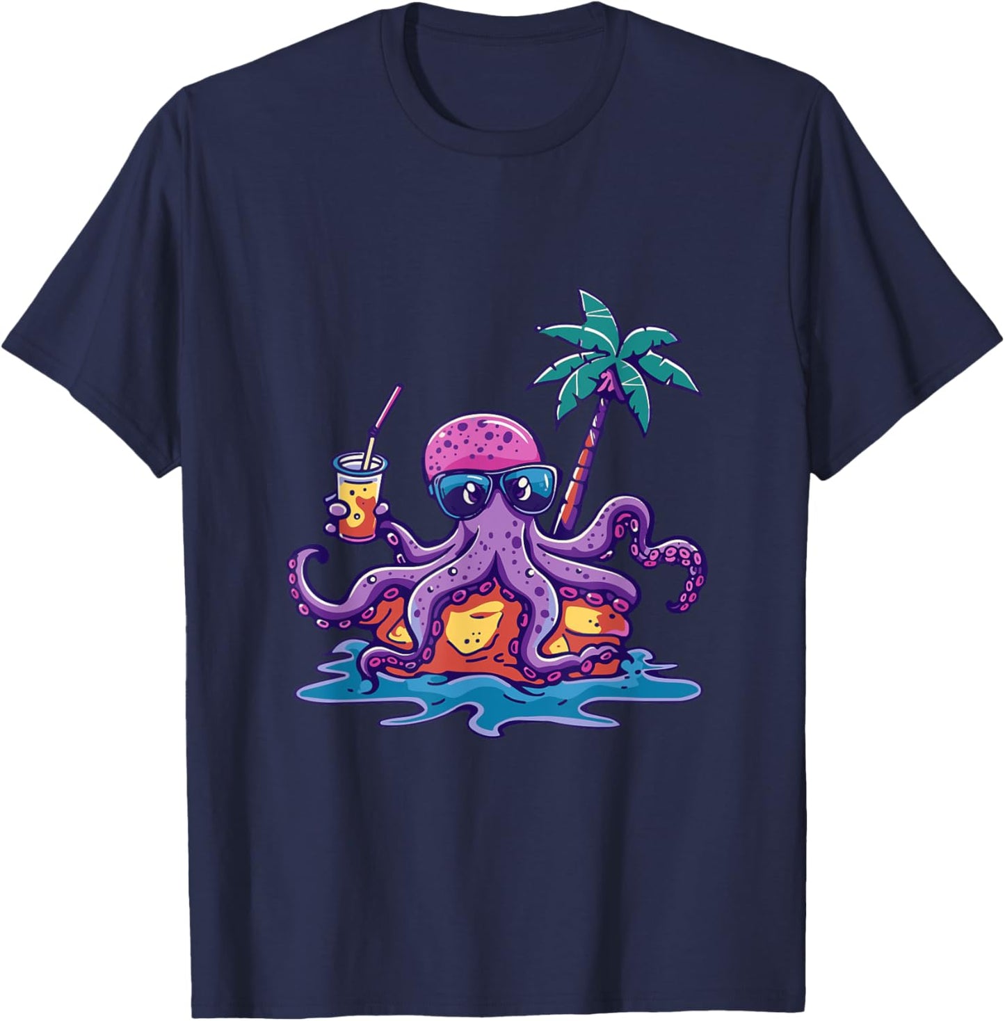Octopus Party Palm Trees Summer Holiday T-Shirt - T-Shirt | Navy