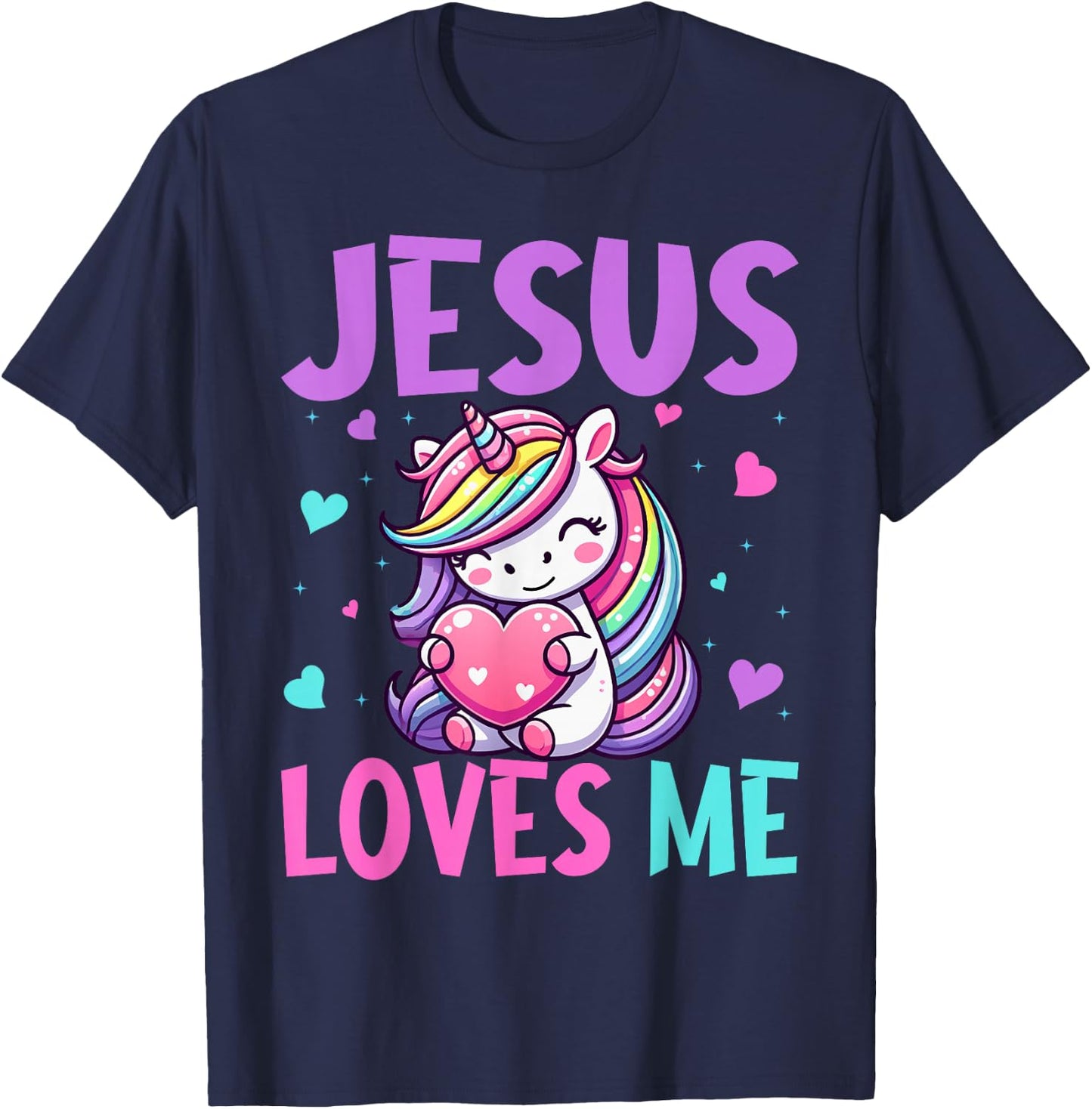 Kids Jesus Loves Me Christian Bible Girls Rainbow Unicorn T-Shirt - T-Shirt | Navy
