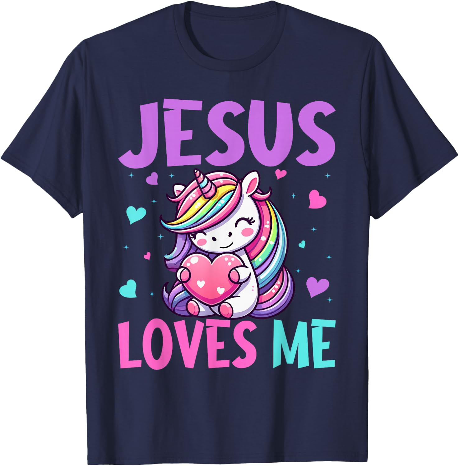 Kids Jesus Loves Me Christian Bible Girls Rainbow Unicorn T-Shirt - T-Shirt | Navy