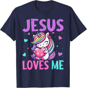 Kids Jesus Loves Me Christian Bible Girls Rainbow Unicorn T-Shirt - T-Shirt | Navy