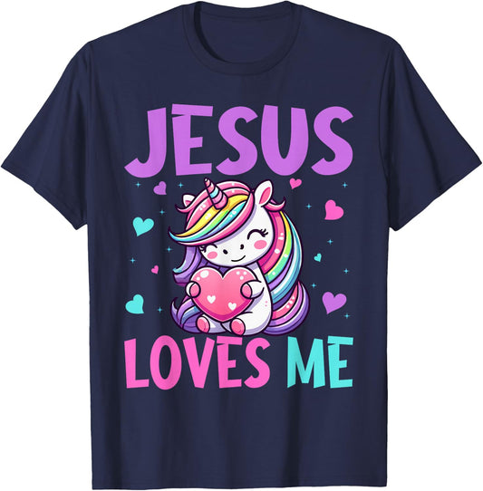 Kids Jesus Loves Me Christian Bible Girls Rainbow Unicorn T-Shirt - T-Shirt | Navy