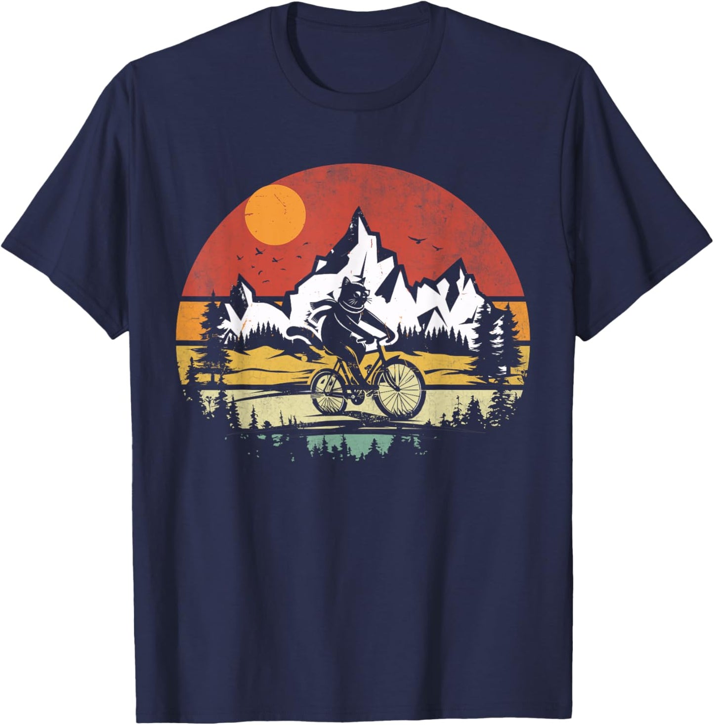Funny Cat Riding Bicycle Vintage Mountain Biking Cat Biker T-Shirt - T-Shirt | Navy