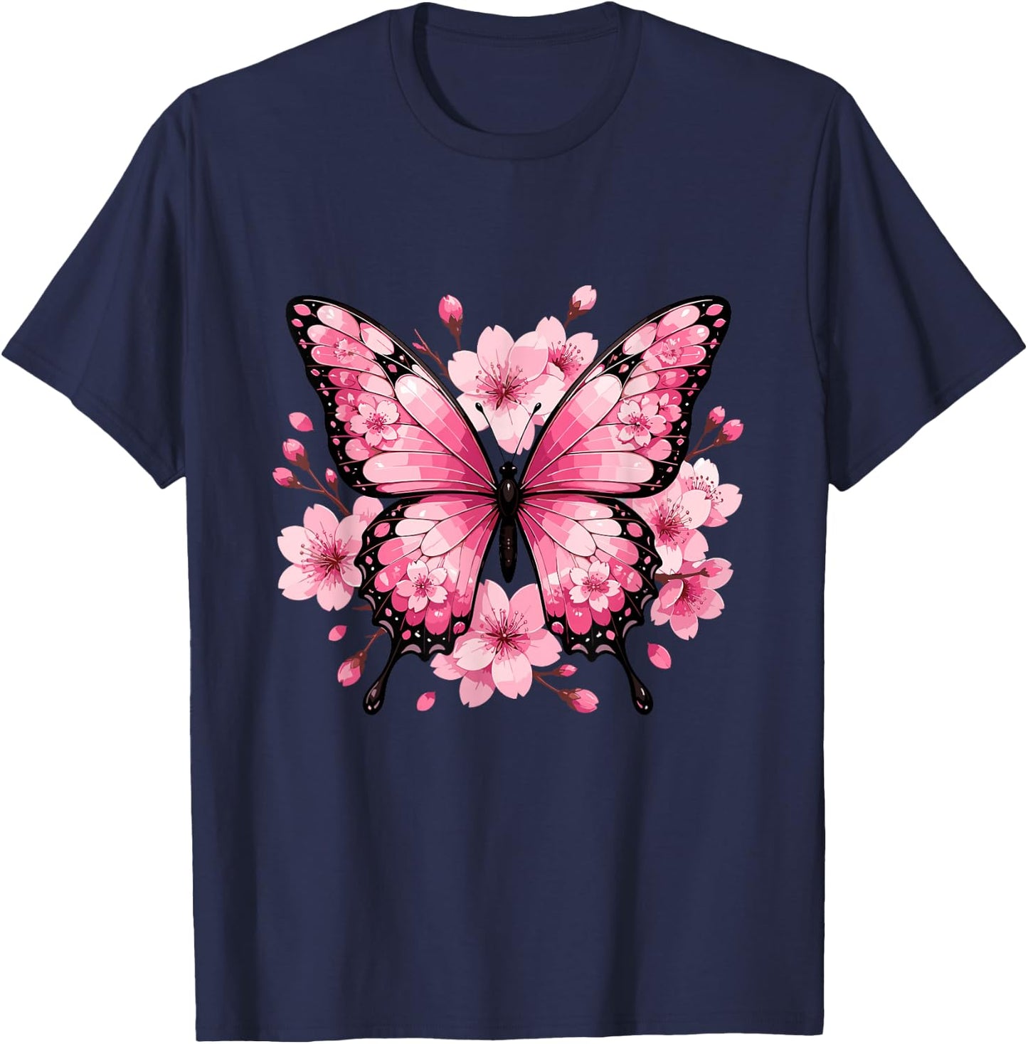Pink Butterfly with Sakura Cherry Blossom Floral T-Shirt - T-Shirt | Navy