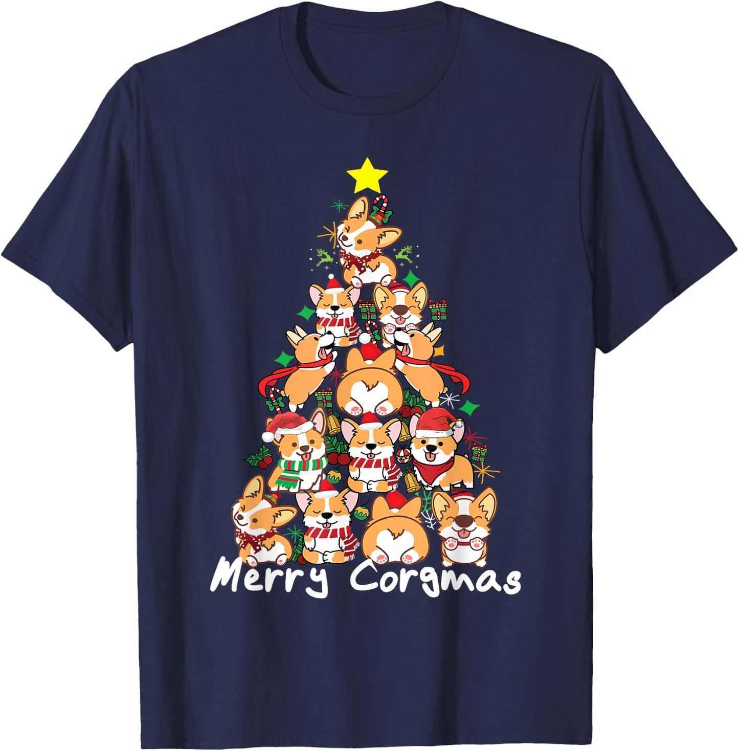 Corgi Christmas Tree Merry Corgmas - Corgi Dog Xmas Gift Men Women Kids T-Shirt - T-Shirt | Navy