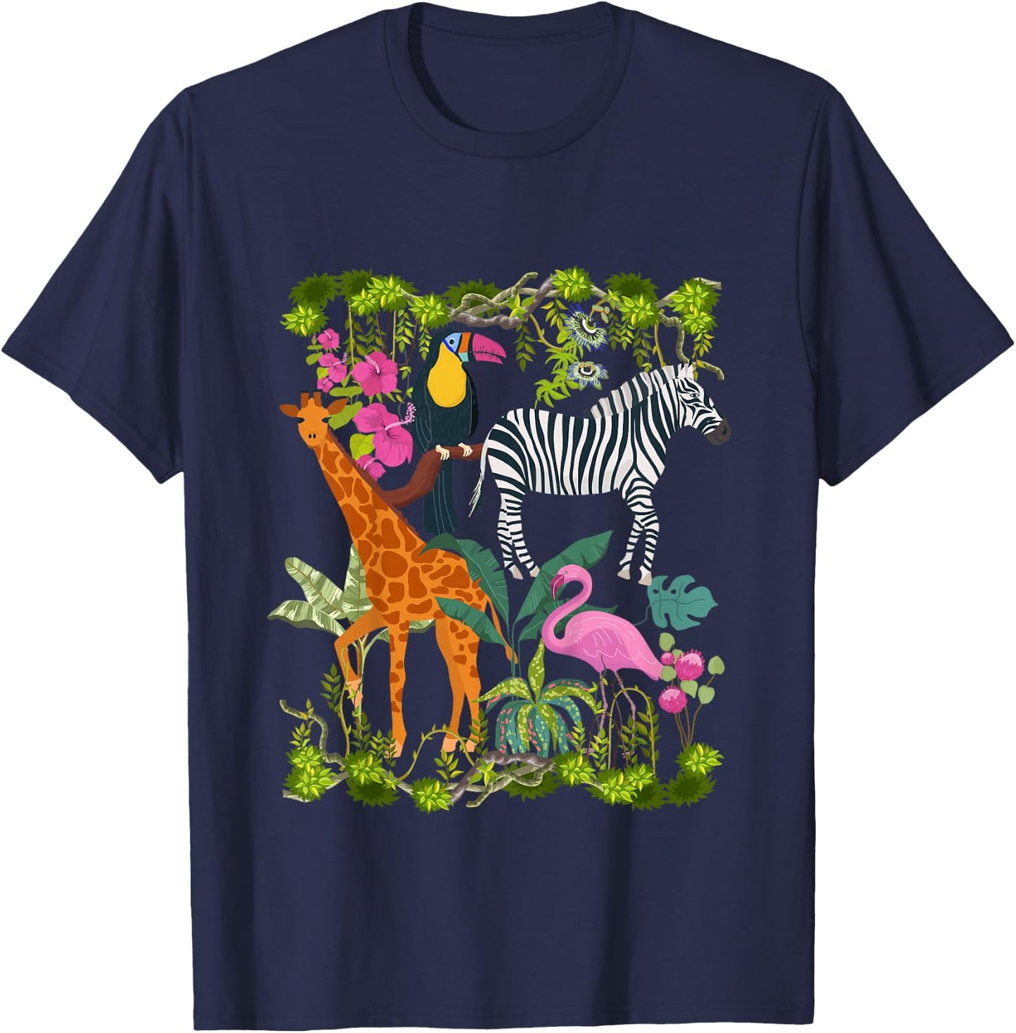 Kids Safari Animals Colourful Wildlife Jungle Zoo Giraffe Zebra T-Shirt - T-Shirt | Navy