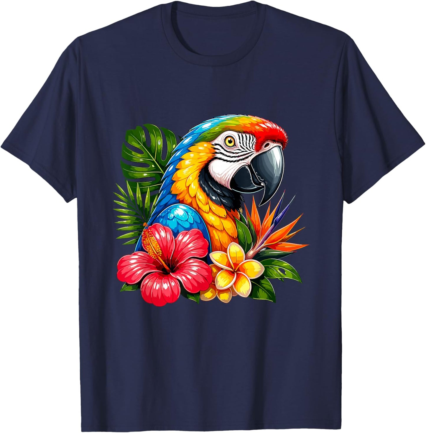 Colorful Parrot Tropical Flowers Summer Vibes T-Shirt - T-Shirt | Navy