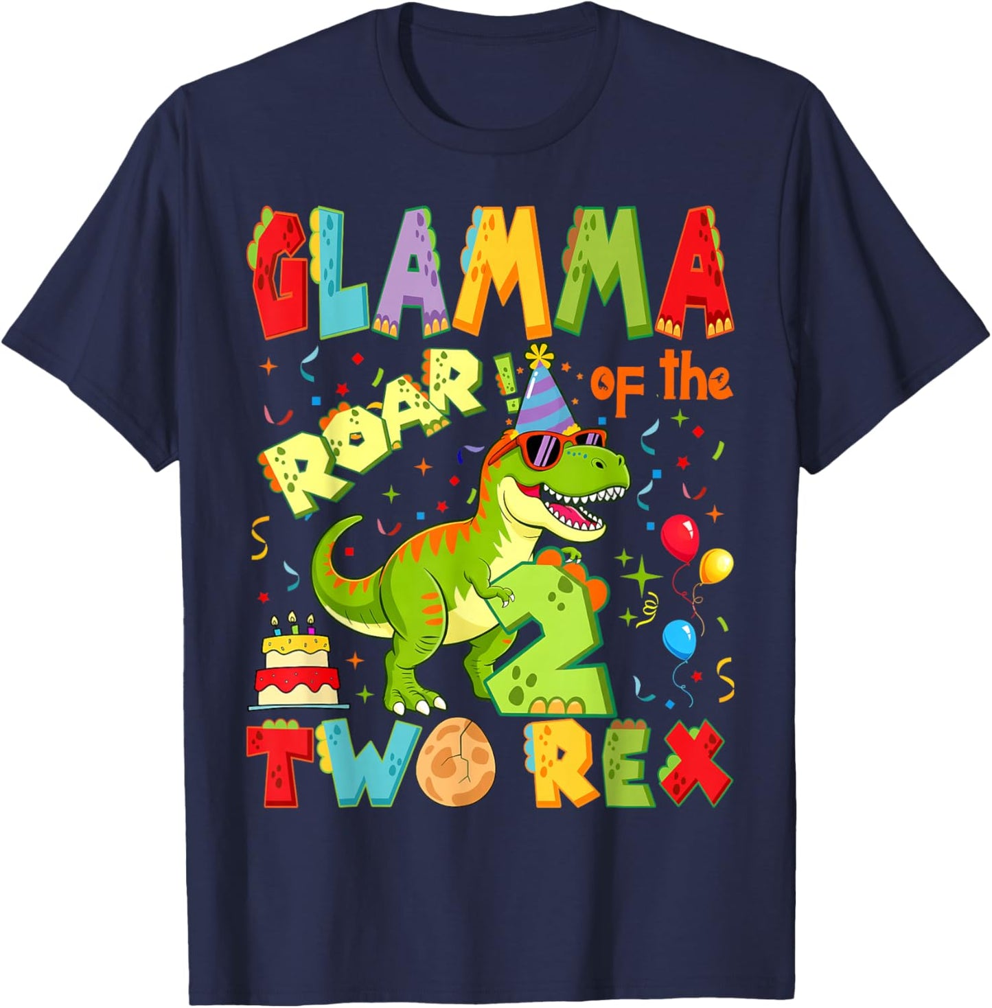 Glamma of The Two Rex 2nd Birthday Boy Dinosaur T-Rex T-Shirt - T-Shirt | Navy