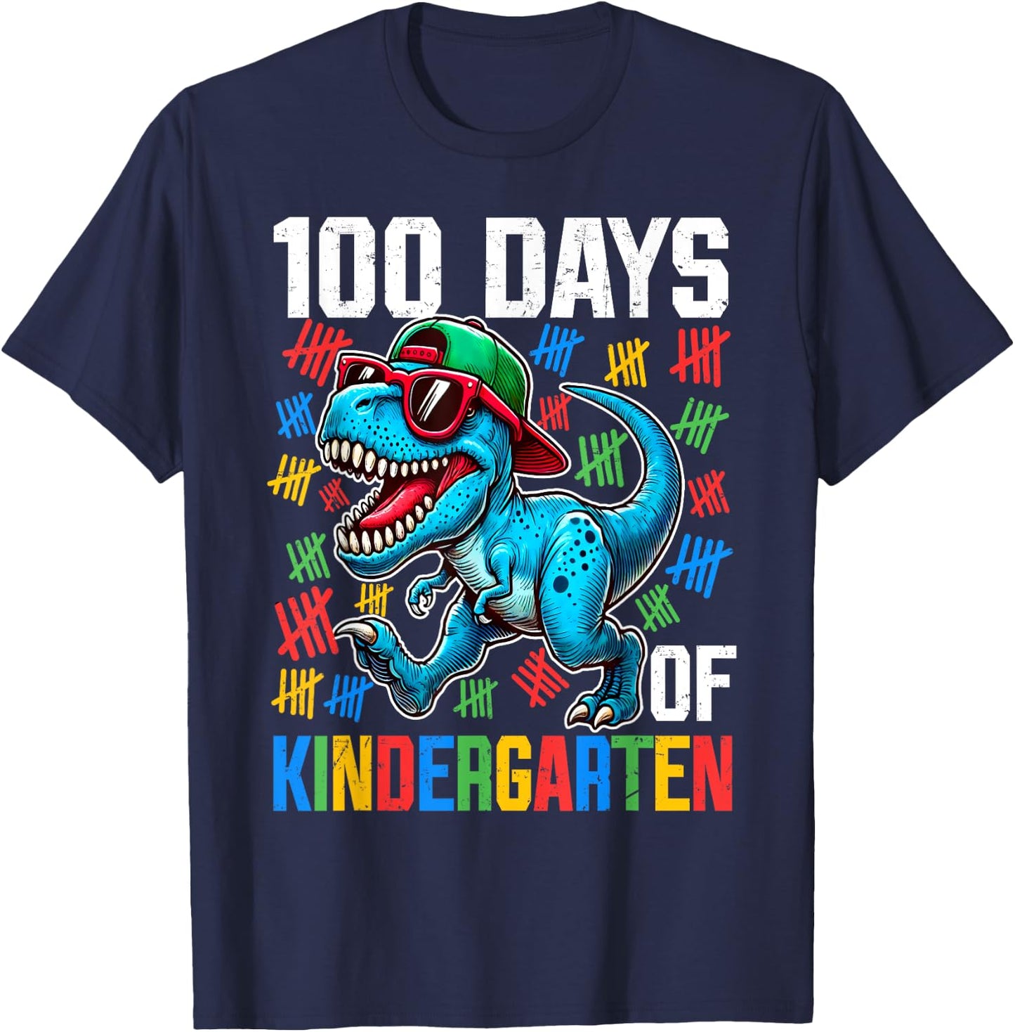 100 Days Of Kindergarten Dinosaur 100th Day Of School Boys T-Shirt - T-Shirt | Navy