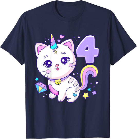 Birthday girl 4 years old, cat, unicorn, 4th birthday T-Shirt - T-Shirt | Navy