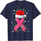 Pink Ribbon Santa Hat Christmas Tree Lights Breast Cancer T-Shirt - T-Shirt | Navy