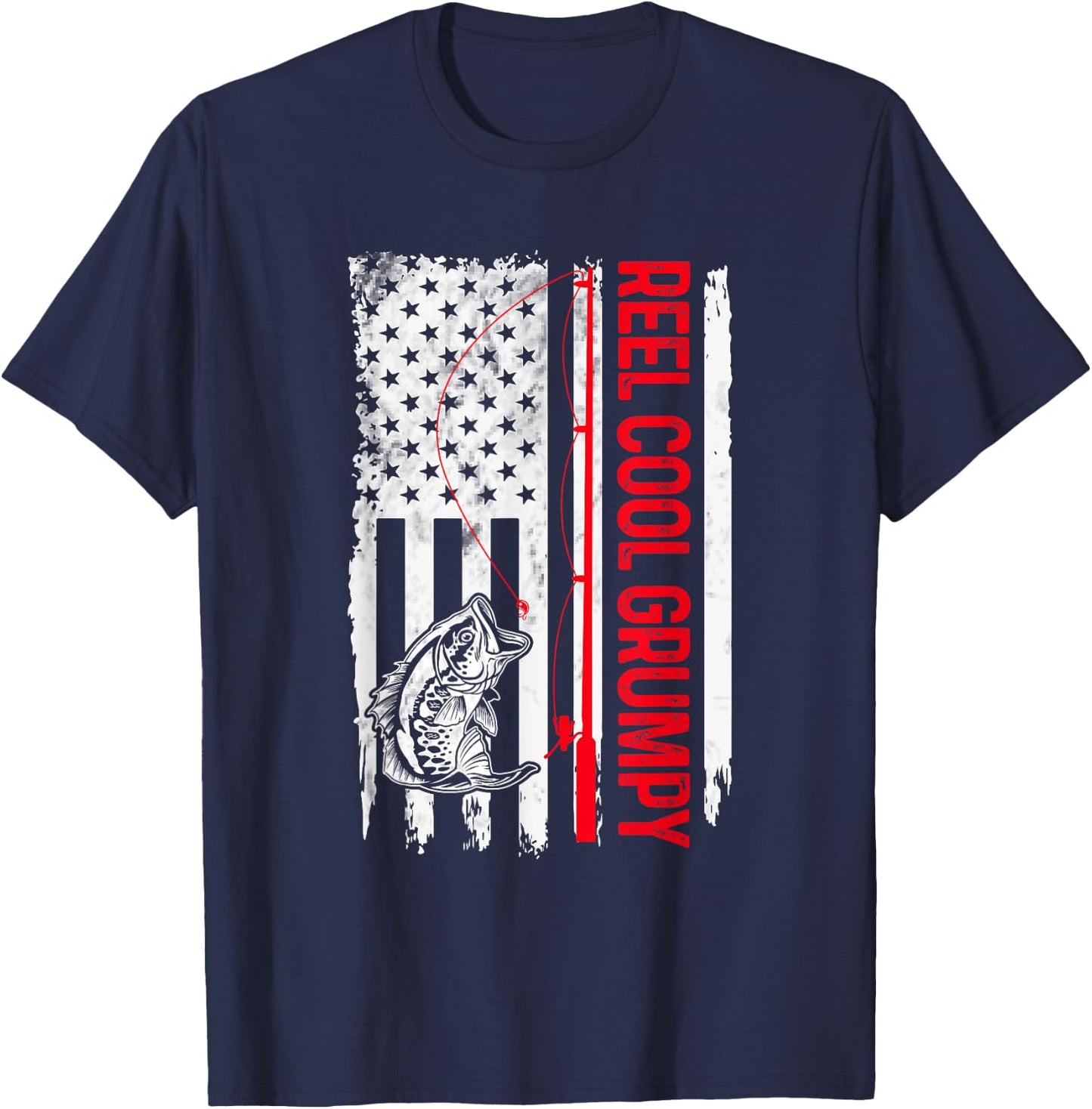 Reel Cool Grumpy Fishing American Flag Funny Grandpa T-Shirt - T-Shirt | Navy