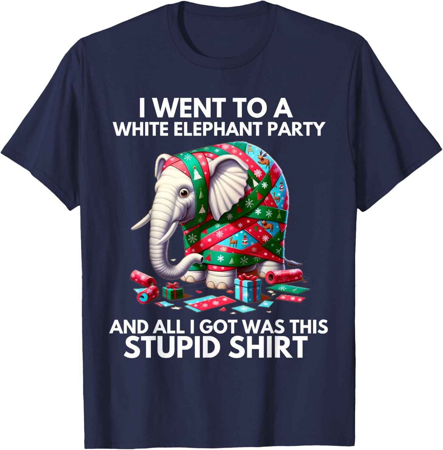Funny White Elephant Gift Wrapped Elephant Dumb Gift T-Shirt - T-Shirt | Navy