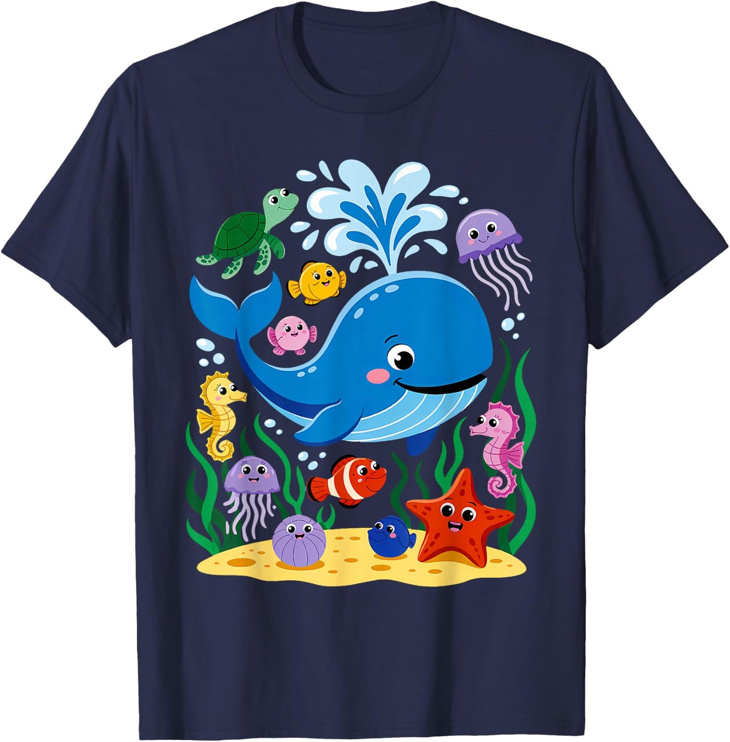 Sea Ocean Animals Whale Octopus Starfish Crab Kids Toddlers T-Shirt - T-Shirt | Navy