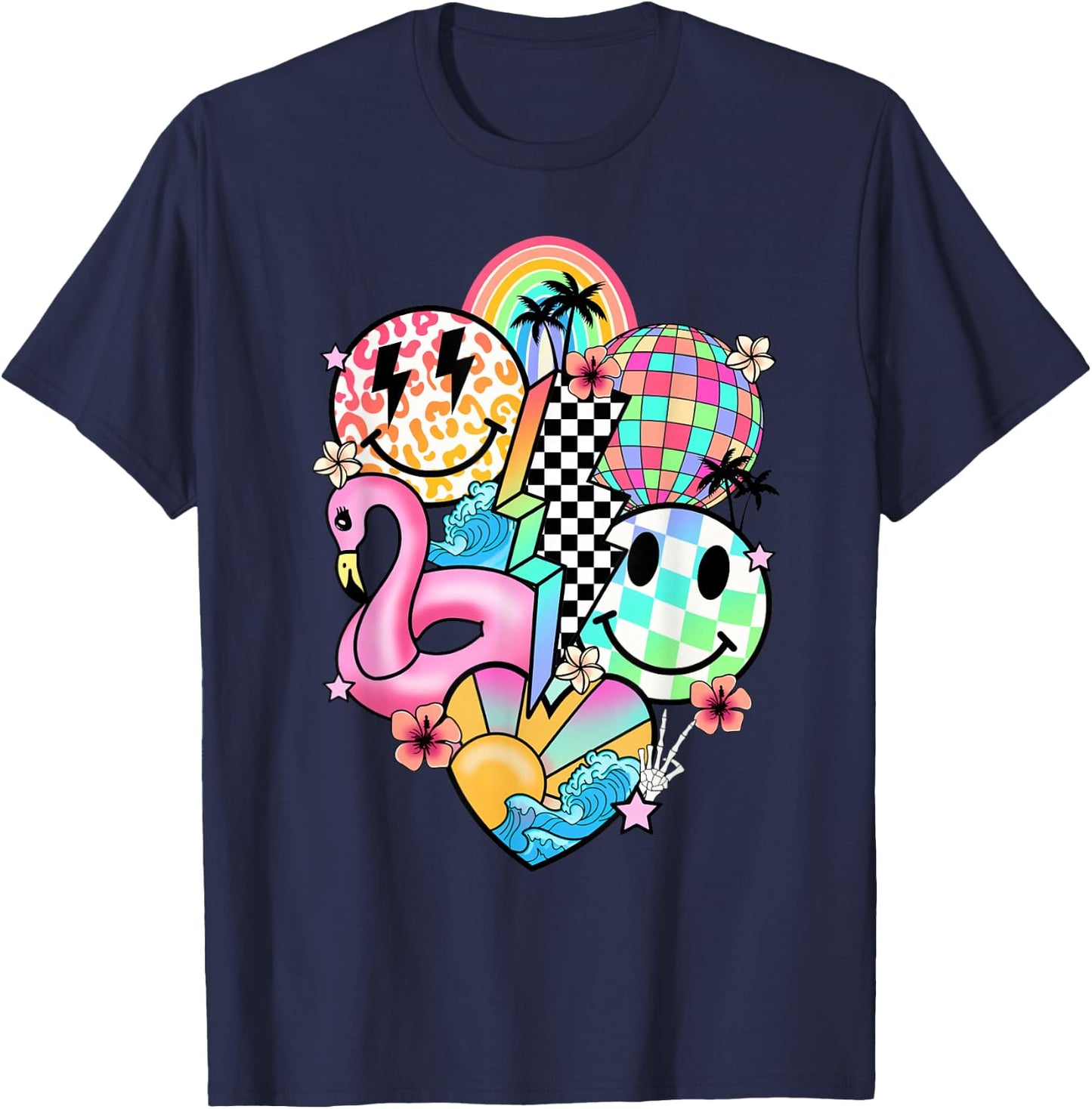 Retro Groovy Summer Vibes Smile Face Hello Summer Vacation T-Shirt - T-Shirt | Navy
