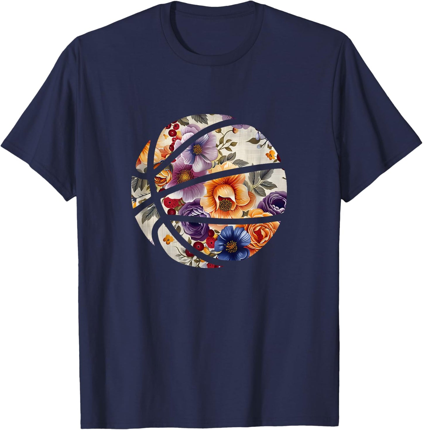 Basketball Silhouette Flowers Botanical Floral T-Shirt - T-Shirt | Navy