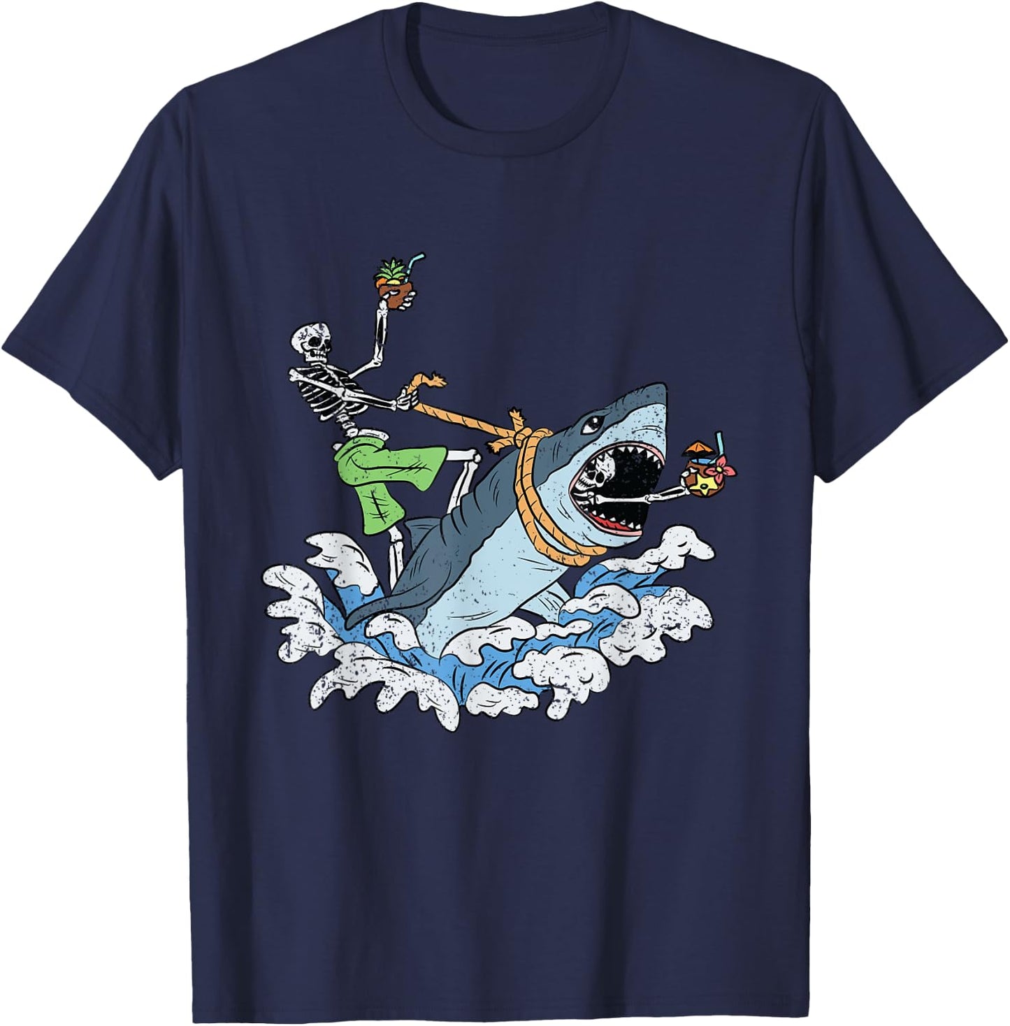 Skeleton Riding Shark Halloween Costume Bones Sea Animal T-Shirt - T-Shirt | Navy