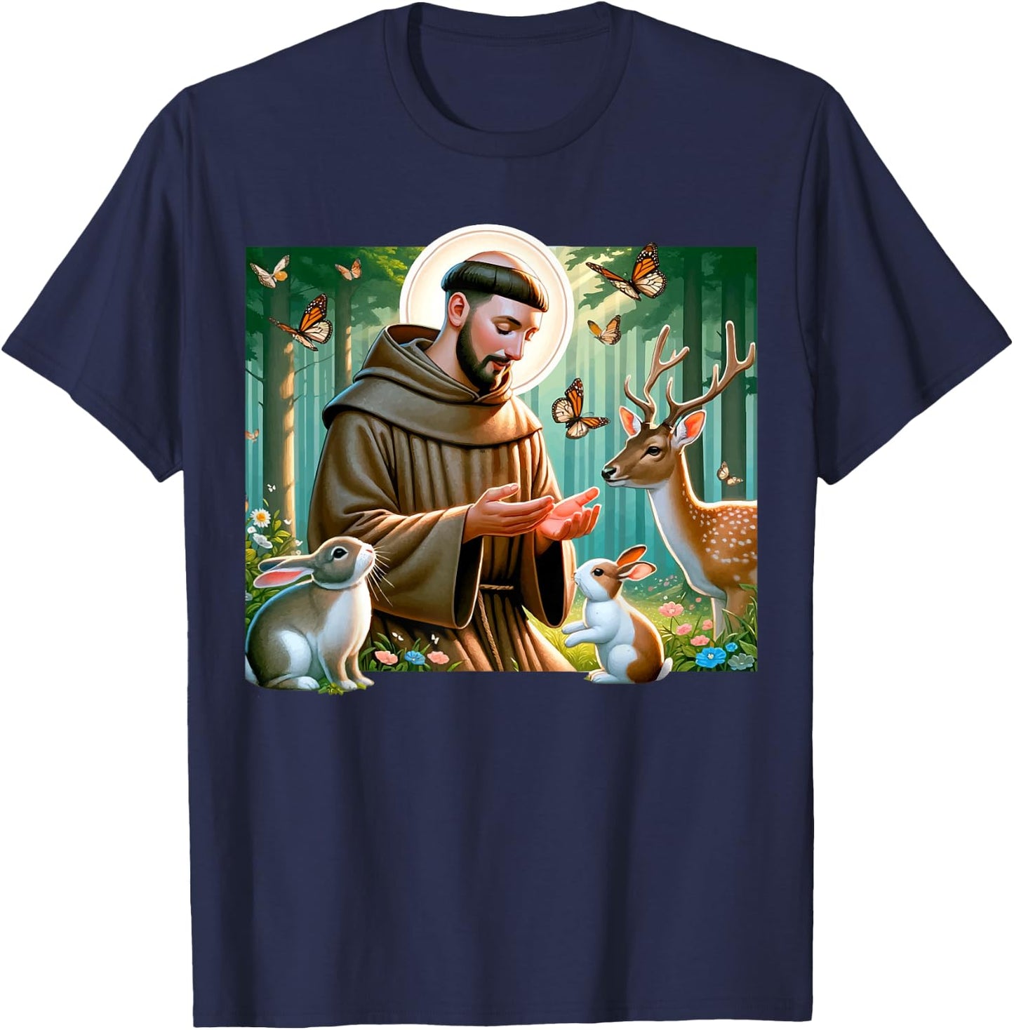 St Francis of Assisi Patron Saint of Animals Forest Catholic T-Shirt - T-Shirt | Navy