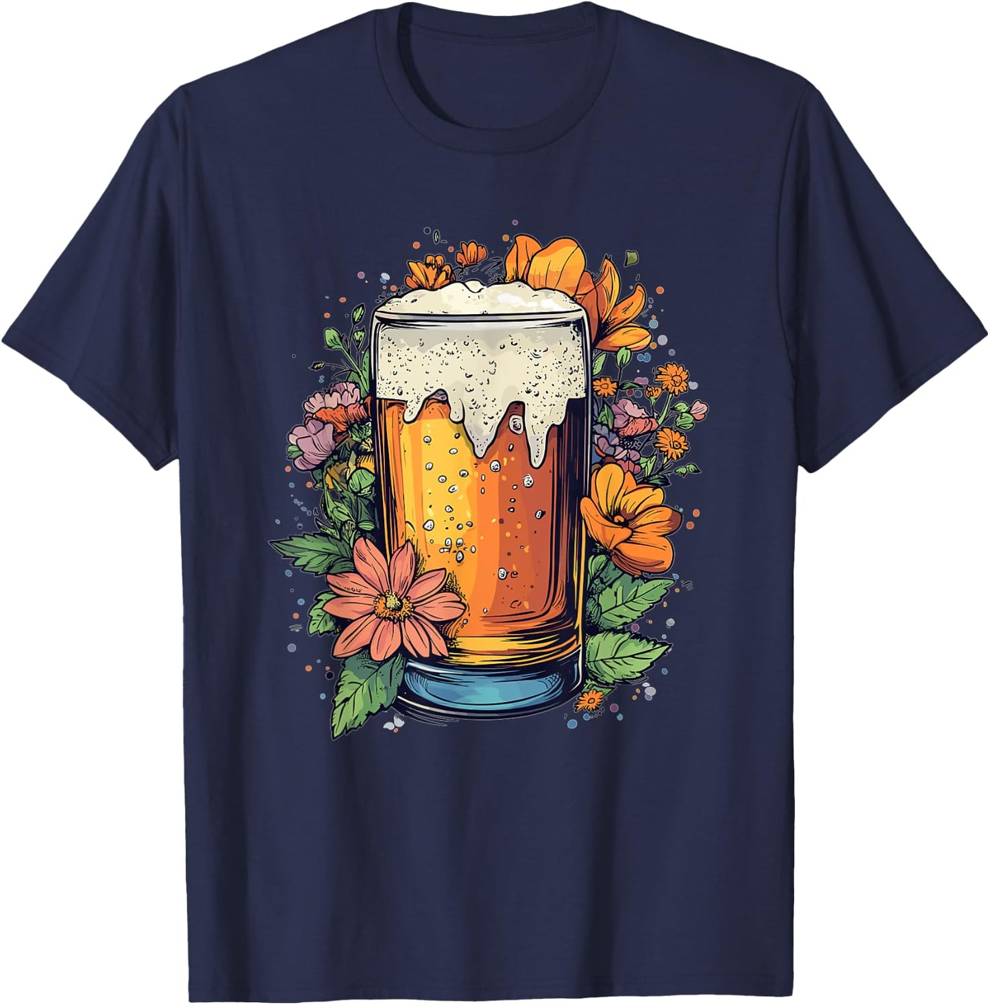 Floral Beer Glass With Blossoming Flowers T-Shirt - T-Shirt | Navy
