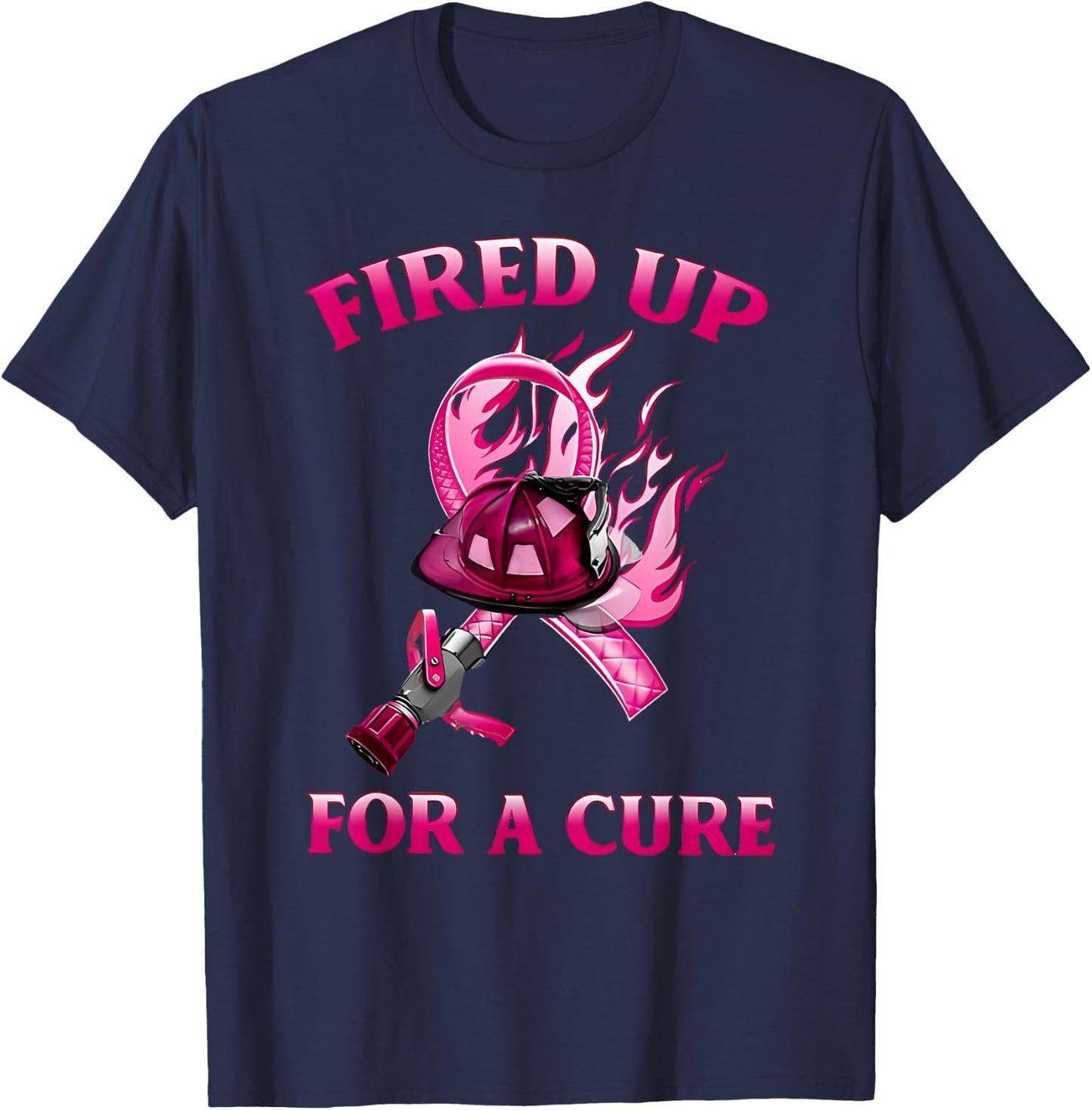 Breast Cancer Fired Up for a Cure Cute Pink Ribbon Fireman T-Shirt - T-Shirt | Navy