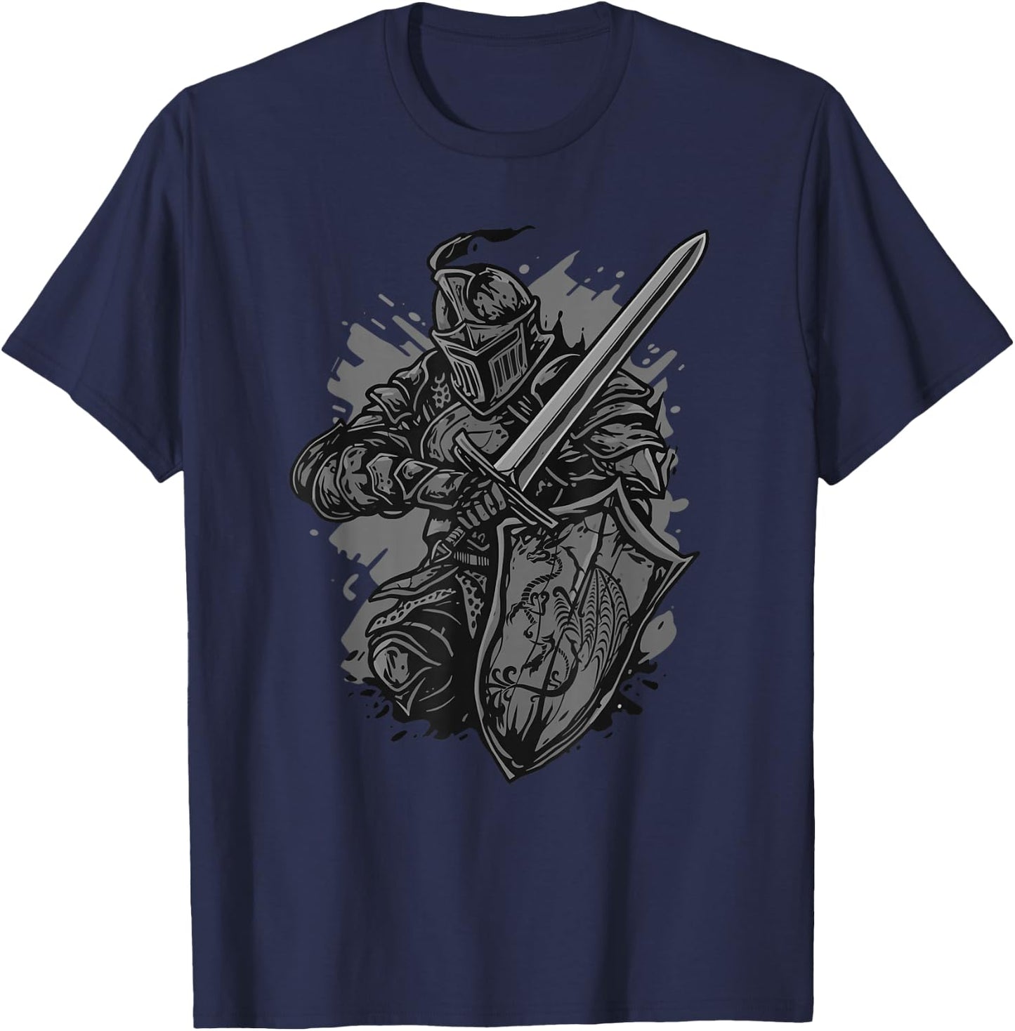 Medieval Knight Armor Sword Shield Dragon Vintage Graphic T-Shirt - T-Shirt | Navy