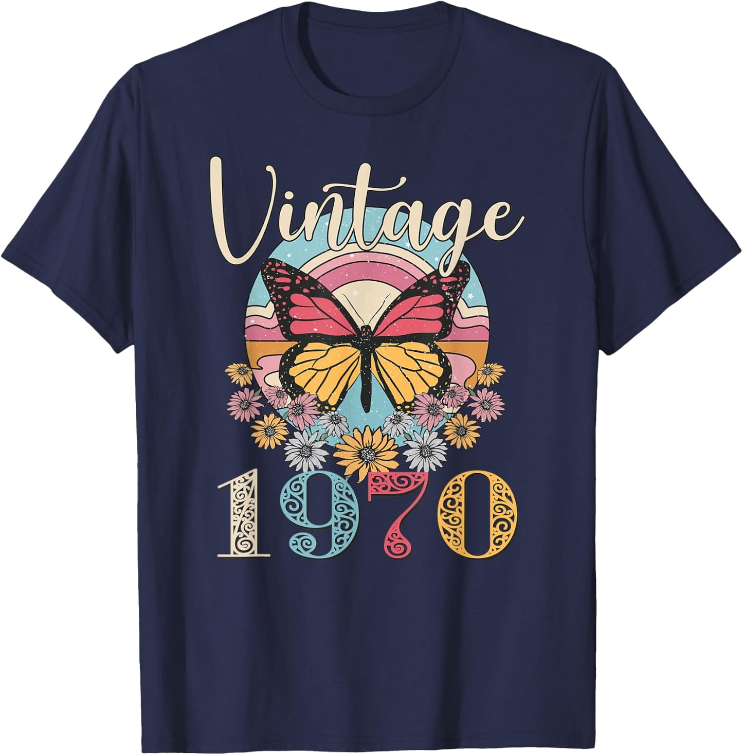 Vintage 52th 1970 Butterfly Floral Birthday Women Mom Gifts T-Shirt - T-Shirt | Navy