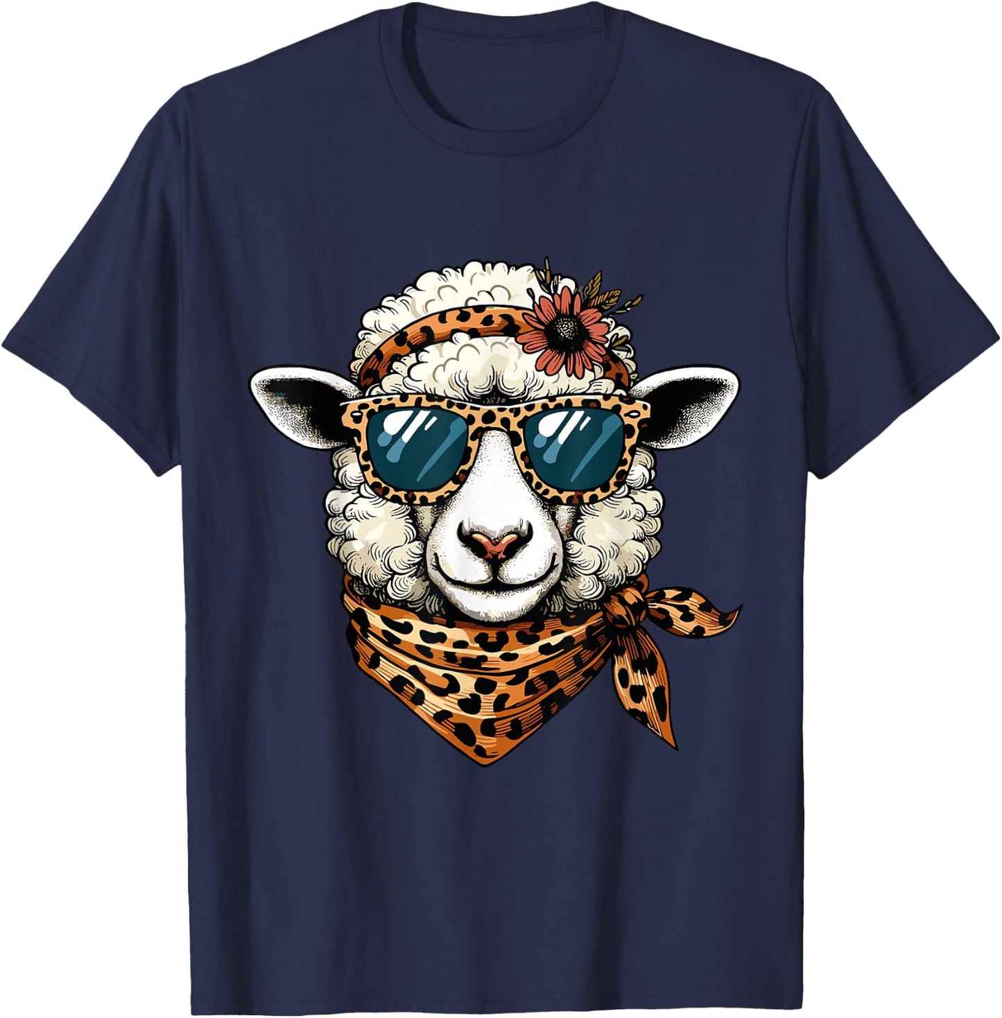 Lamb Sheep Wearing Leopard Scarf Animal Sunglasses T-Shirt - T-Shirt | Navy