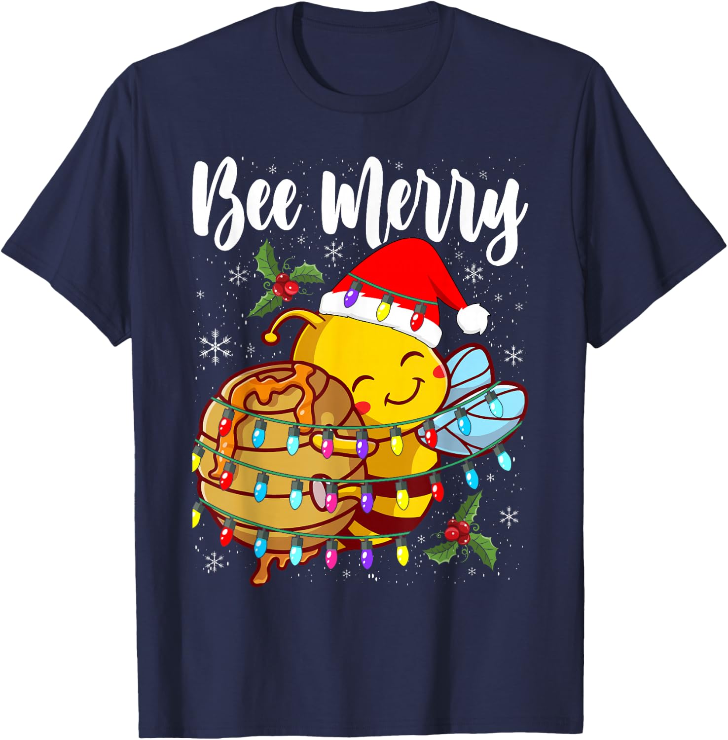 Bee Wears Santa Hat Xmas Lights T-Shirt - T-Shirt | Navy