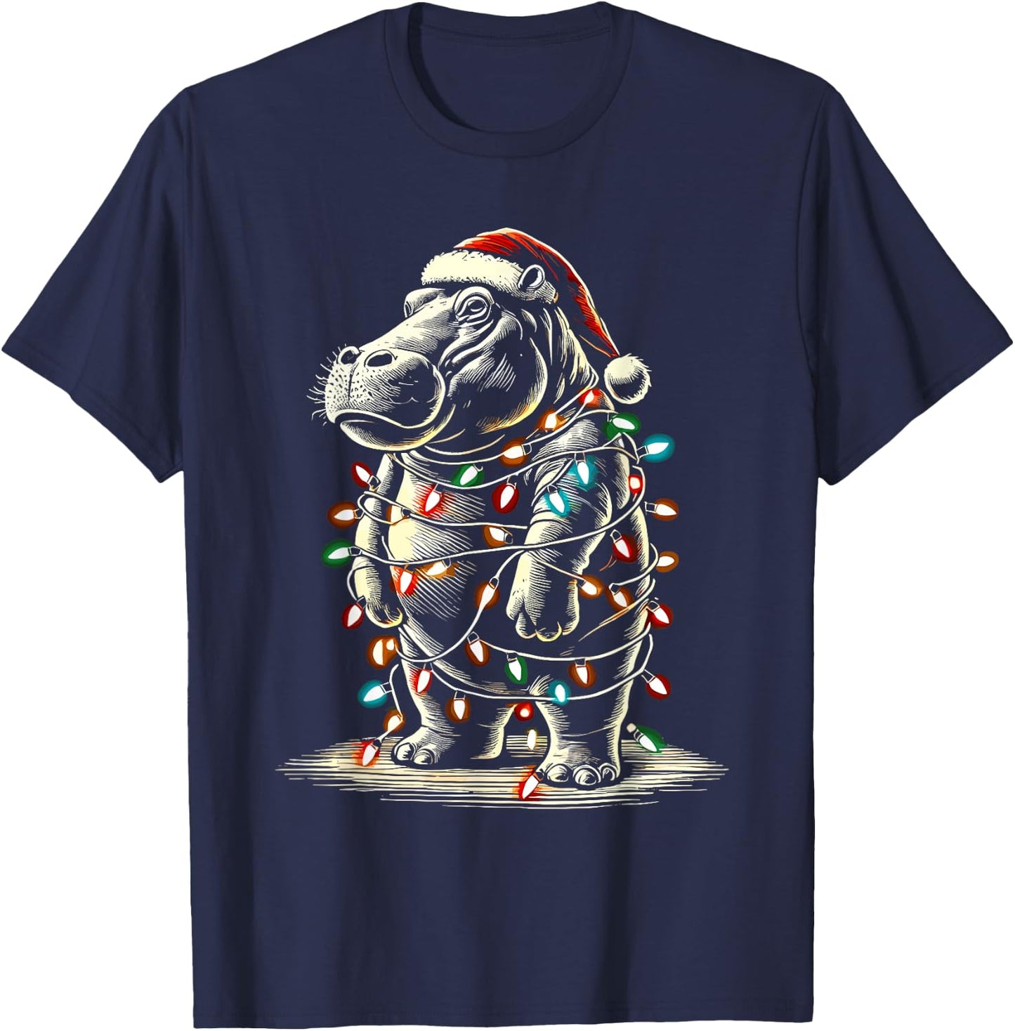 Hippopotamus Christmas Santa Hat Pajama Funny Hippo Xmas T-Shirt - T-Shirt | Navy
