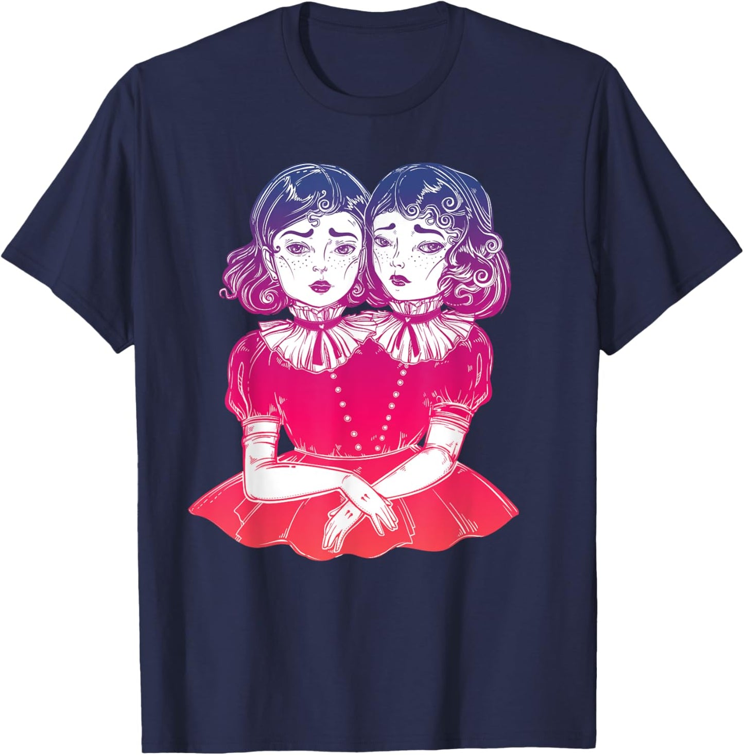 Victorian Siamese Twins - Vintage Boho Circus T-Shirt - T-Shirt | Navy