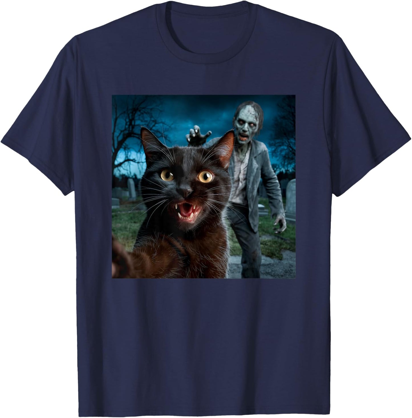 Cat and Zombie Selfie Photo Halloween for Cat Lovers Men Women Kids T-Shirt - T-Shirt | Navy