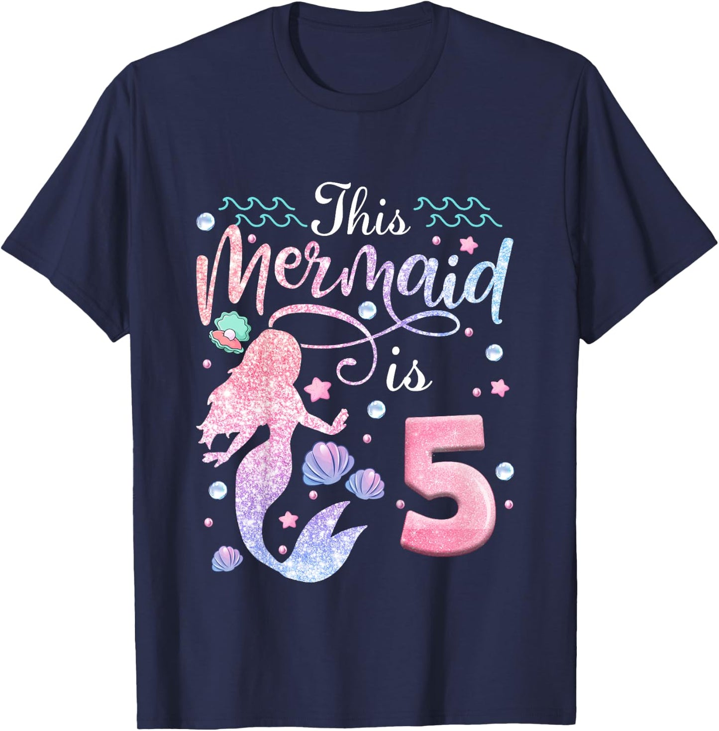 Kids 5th Birthday Girls This Mermaid Is 5 Years Old Kids T-Shirt - T-Shirt | Navy