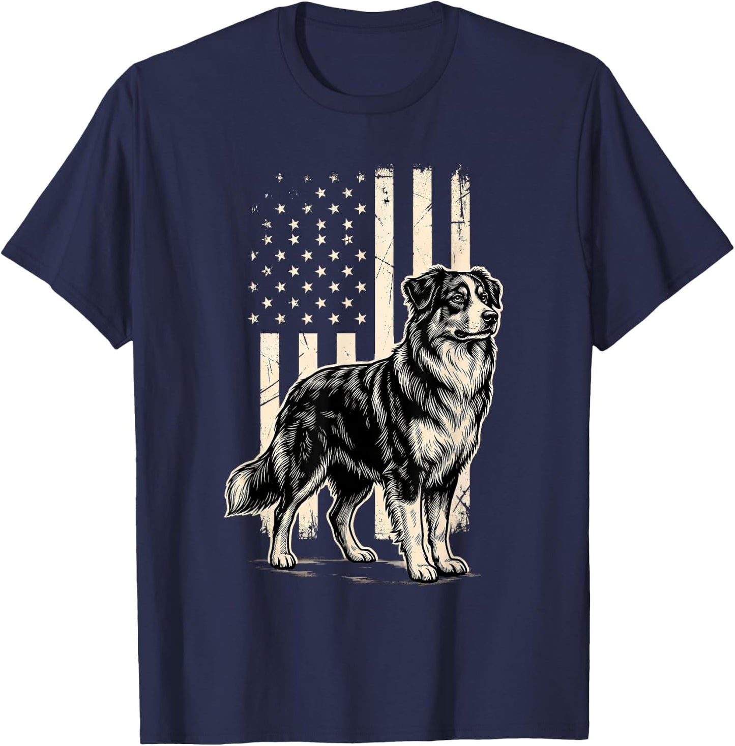 Australian Shepherd Dog Patriotic American Flag 4th of July T-Shirt - T-Shirt | Navy