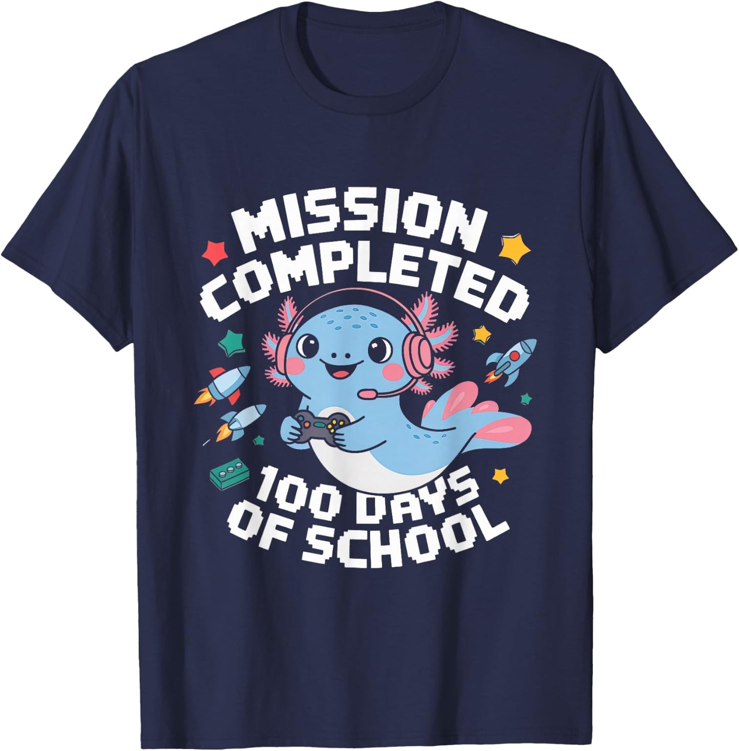 100 Days Of School Boys 100th Day Of School Gamer Axolotl T-Shirt - T-Shirt | Navy