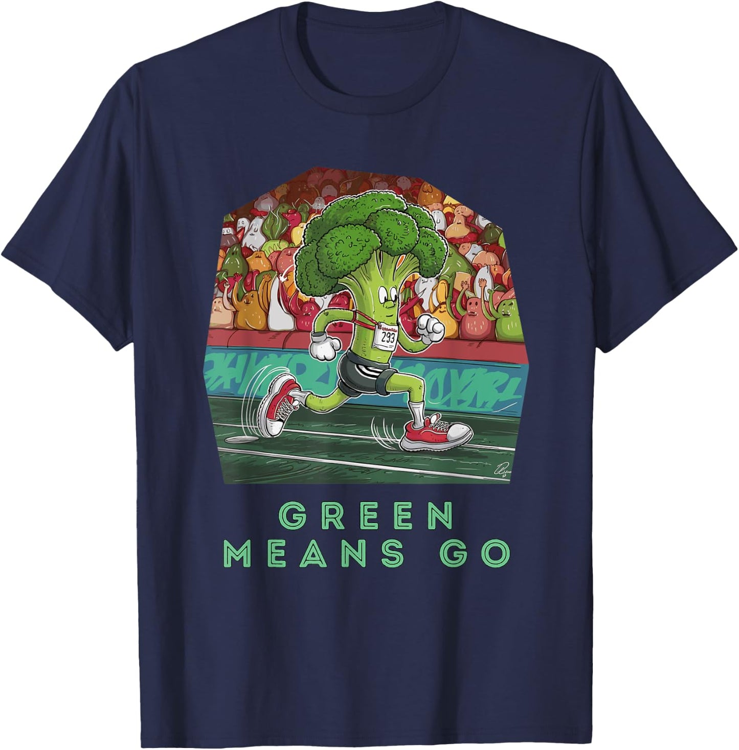 Funny Broccoli Running Cartoon Athletic T-Shirt - T-Shirt | Navy