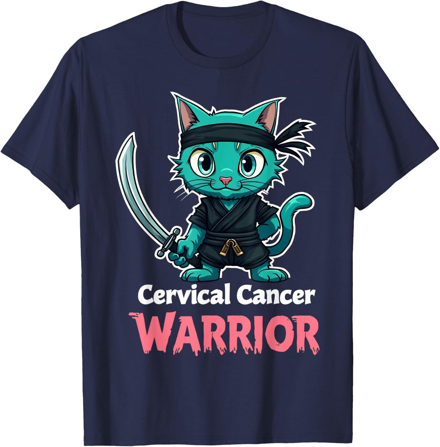 Proud Cervical Cancer Warrior Awareness Teal Ninja Cat T-Shirt - T-Shirt | Navy