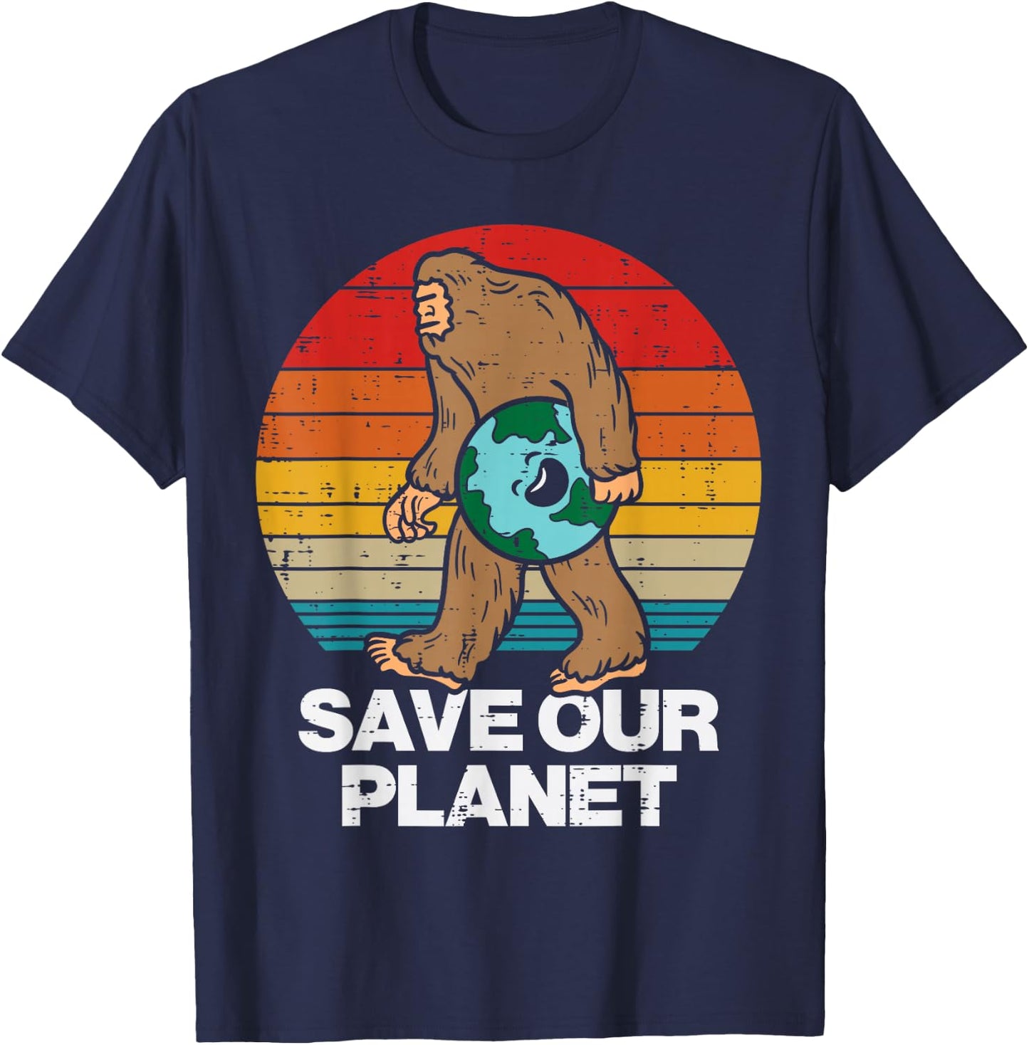 Save Our Planet Bigfoot Sunset Retro Earth Day Sasquatch T-Shirt - T-Shirt | Navy