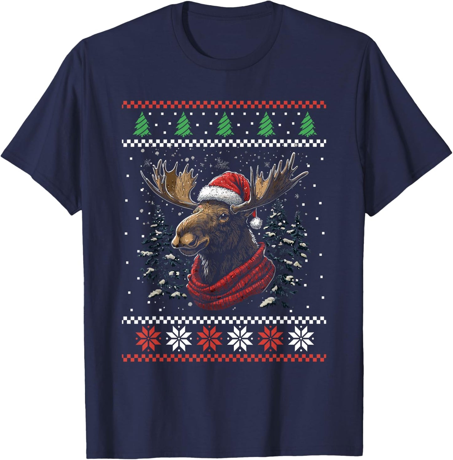 Moose Santa Hat Ugly Christmas Sweater Xmas T-Shirt - T-Shirt | Navy