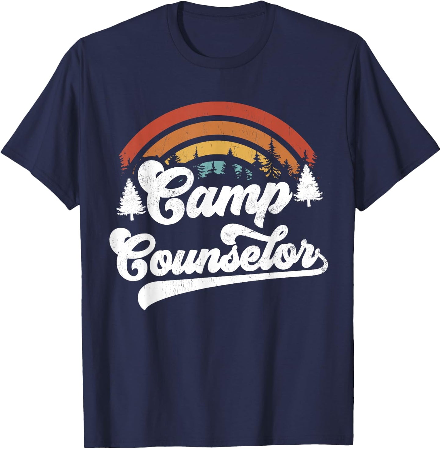 Summer Camp Counselor Staff Groovy Rainbow Camp Counselor T-Shirt - T-Shirt | Navy