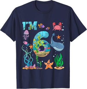 Kids 6 Year Old Boy Girl Sea Animals I'm Six 6th Birthday Kids T-Shirt - T-Shirt | Navy