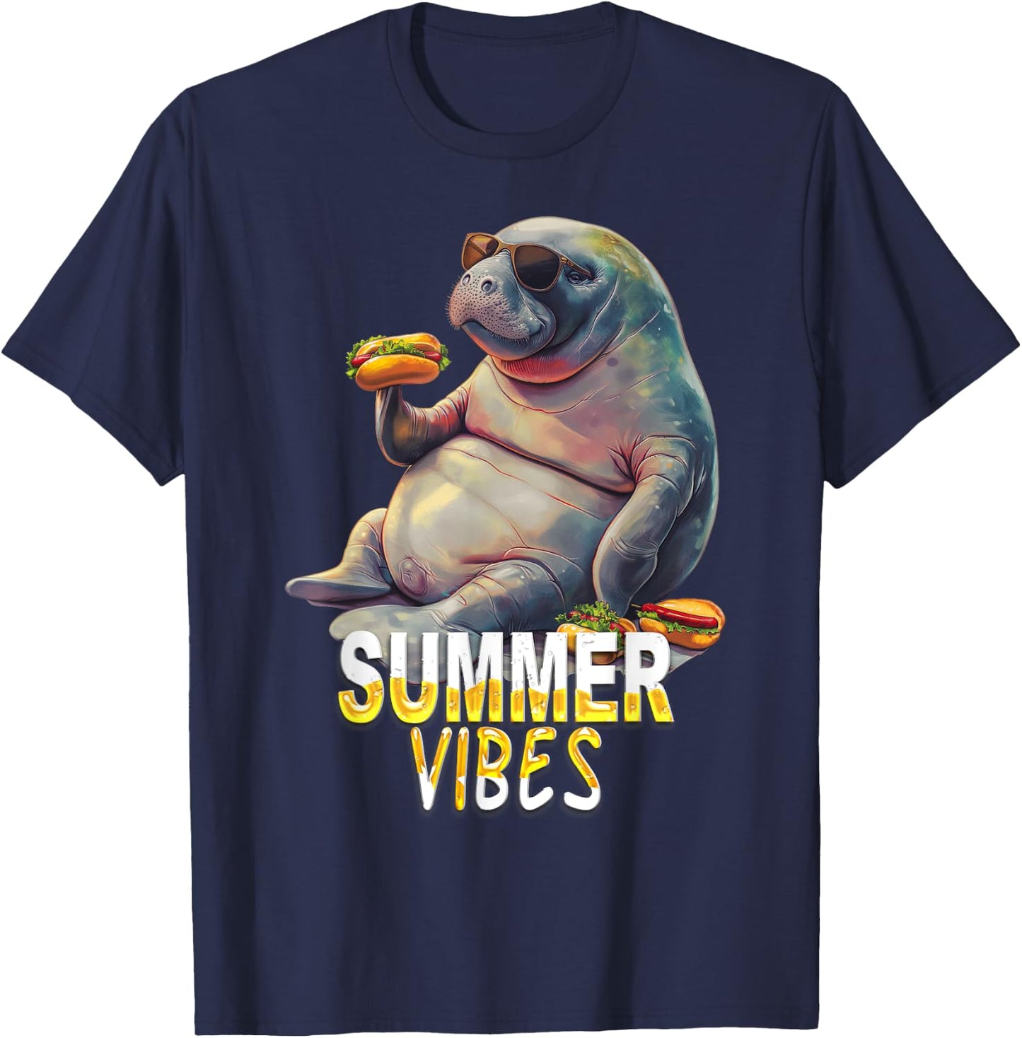 Manatee Eating Hot Dogs - Summer Funny Design T-Shirt - T-Shirt | Navy