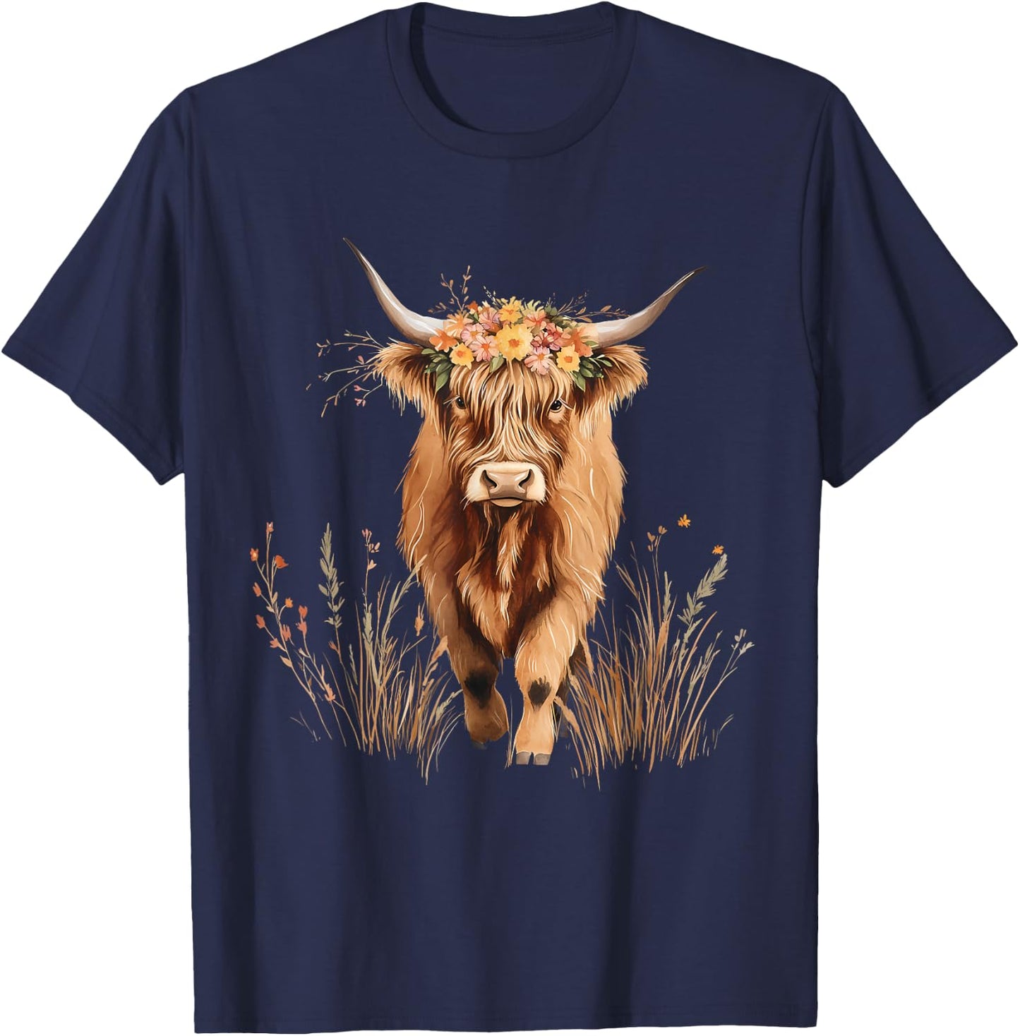 Scottish Highland Cow Messy Bun Scottish Highlander Cow T-Shirt - T-Shirt | Navy