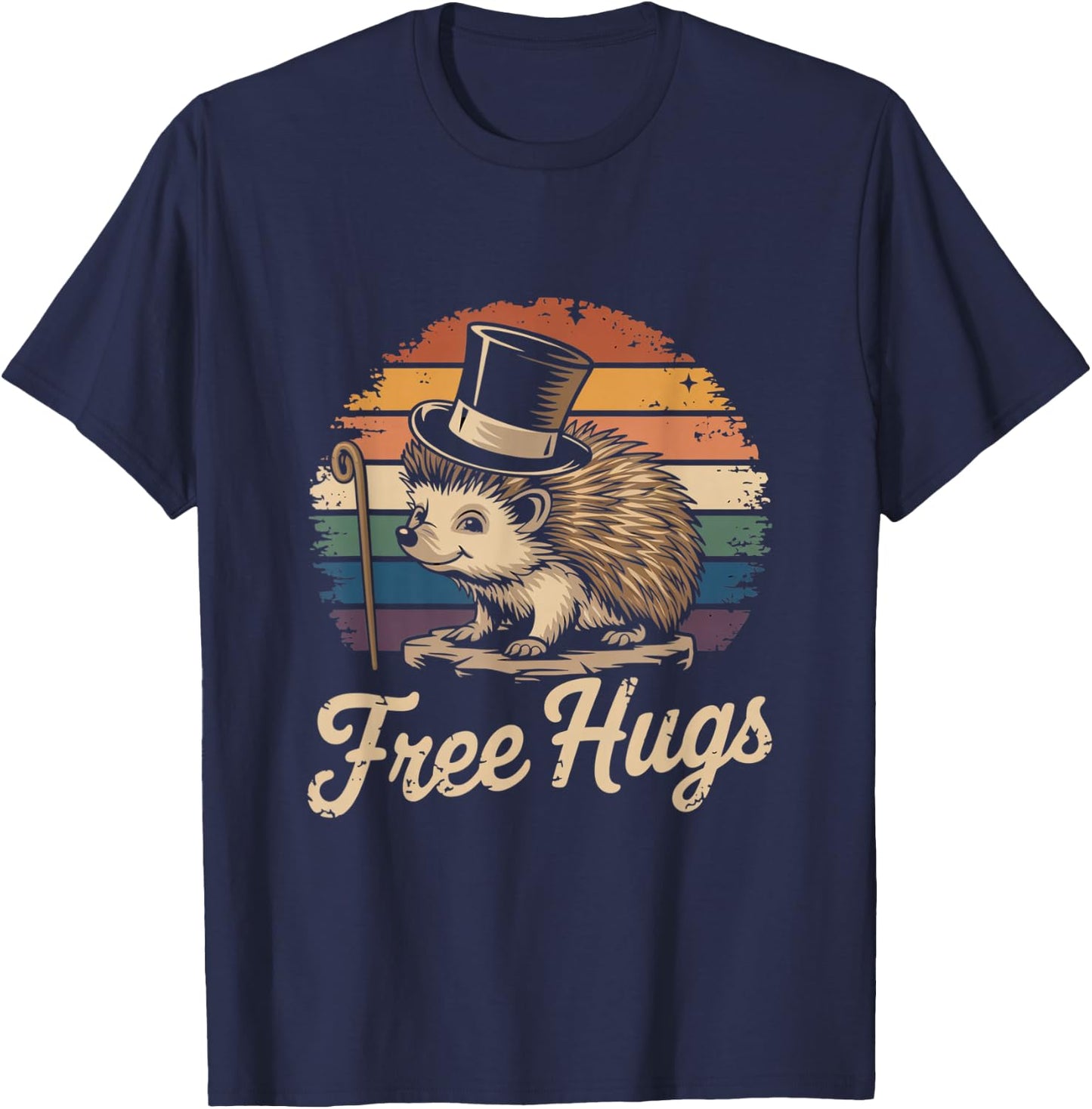 Retro Free Hugs Funny Hedgehog Hedge Hog Funny Free Dad Hugs T-Shirt - T-Shirt | Navy