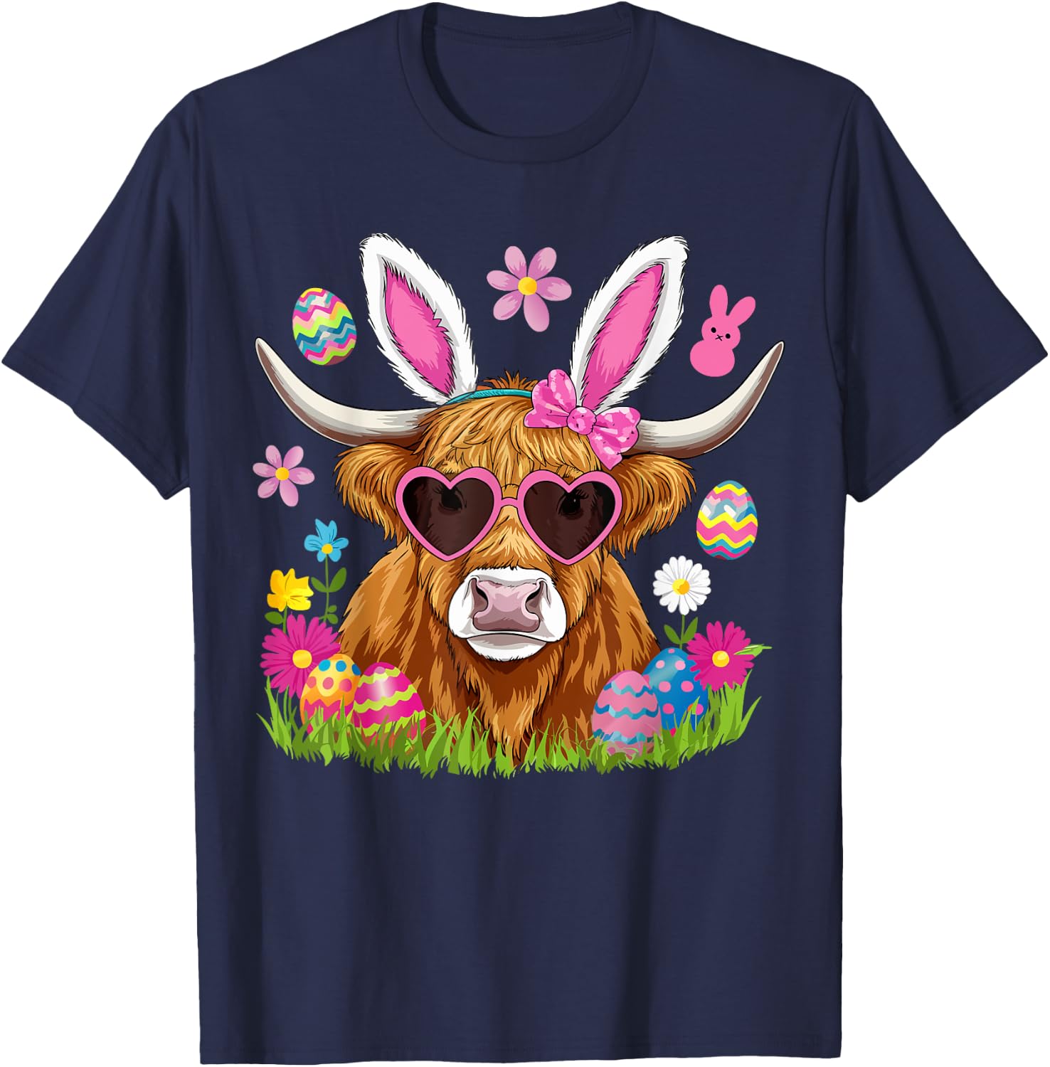 Easter Day Highland Cow Cute Easter Bunny Farmer Women Kids T-Shirt - T-Shirt | Navy