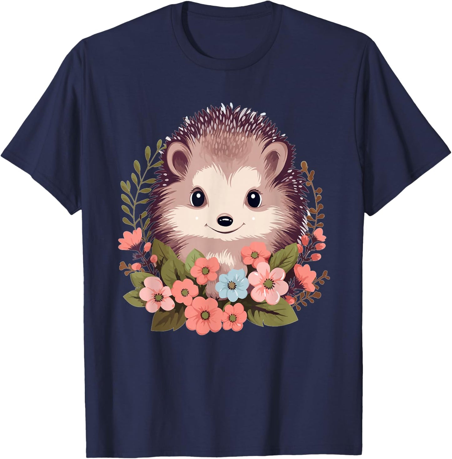 Cute Hedgehog with Flowers I Hedgehog T-Shirt - T-Shirt | Navy