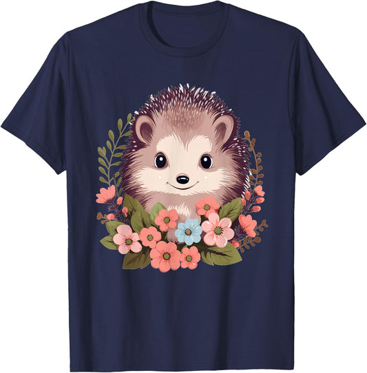 Cute Hedgehog with Flowers I Hedgehog T-Shirt - T-Shirt | Navy
